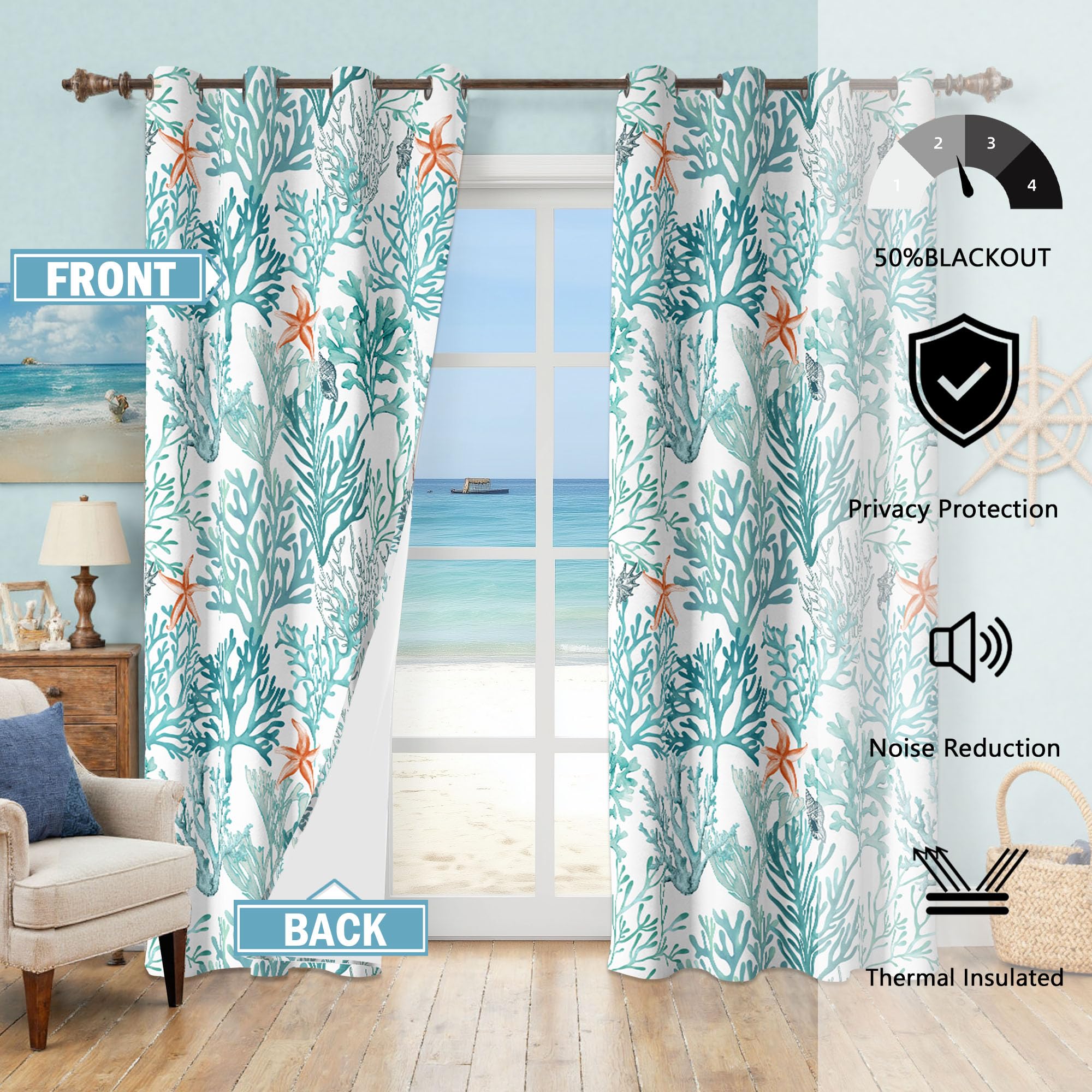 Tende nautiche costiere con occhielli, a tema spiaggia corallo, isolamento termico, 50% blocco della luce, oscuranti, per soggiorno, camera da letto, set di 2 pannelli, 132 x 213 cm, turchese