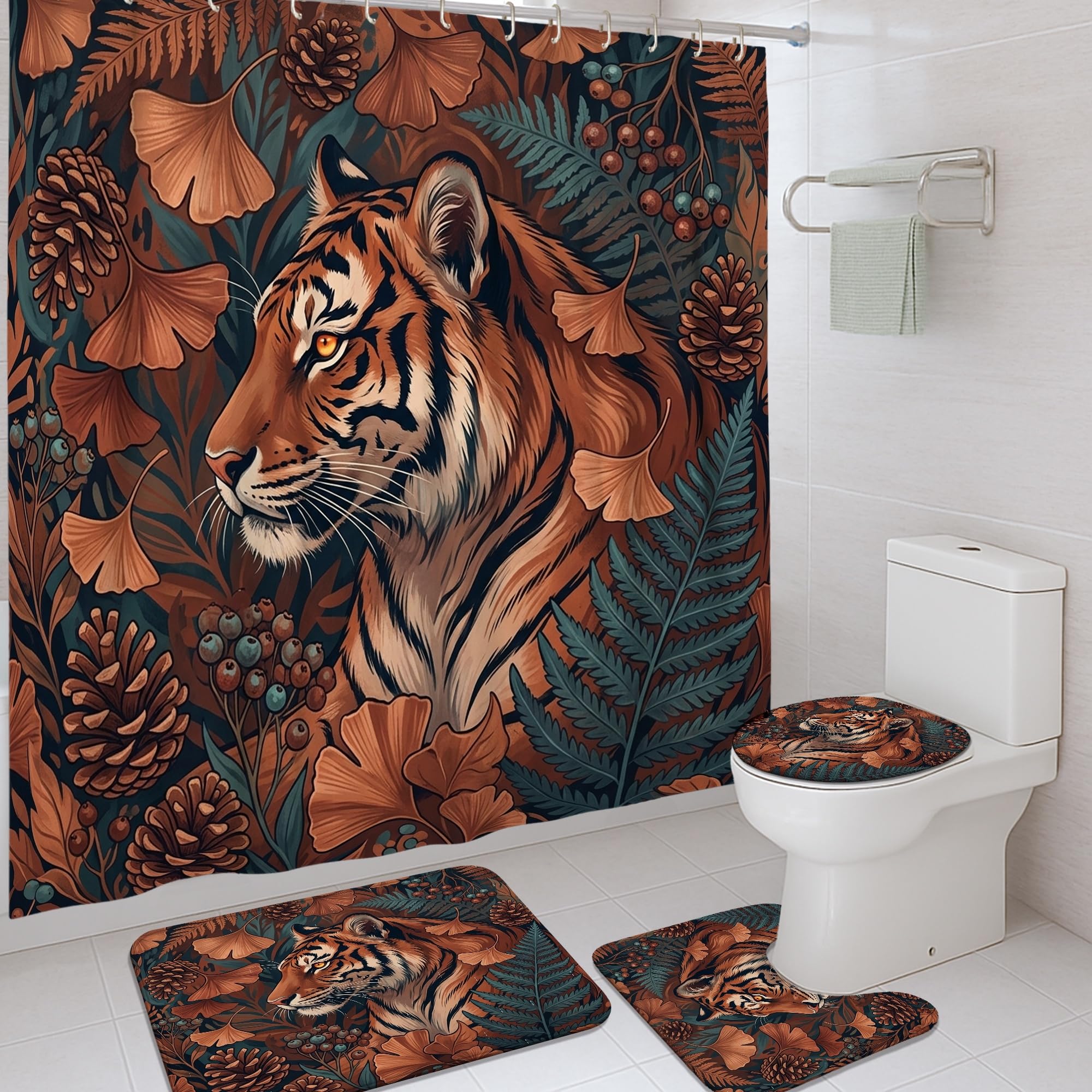 Rideau de douche avec tapis de bain tigre feuilles d'automne déco salle de bain