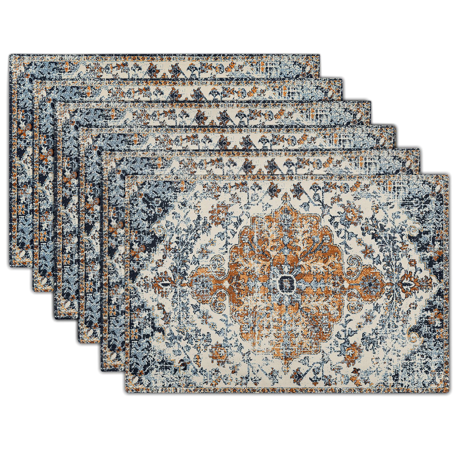 Brown Navy Blue Ethnic Boho Placemats Set of 6 Bohemian Carpet Vintage Gold Black Tan Floral Linen Washable Kitchen Dining Table Mats Stain Heat-Resistant Desktop Place Mats for Home Party 12x18 Inch
