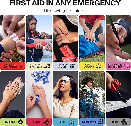 Miniatura 6 de Kit de primeros auxilios impermeable grande para automóvil, viajes y hogar, kit de emergencia para senderismo, camping, mochilero y al aire libre,