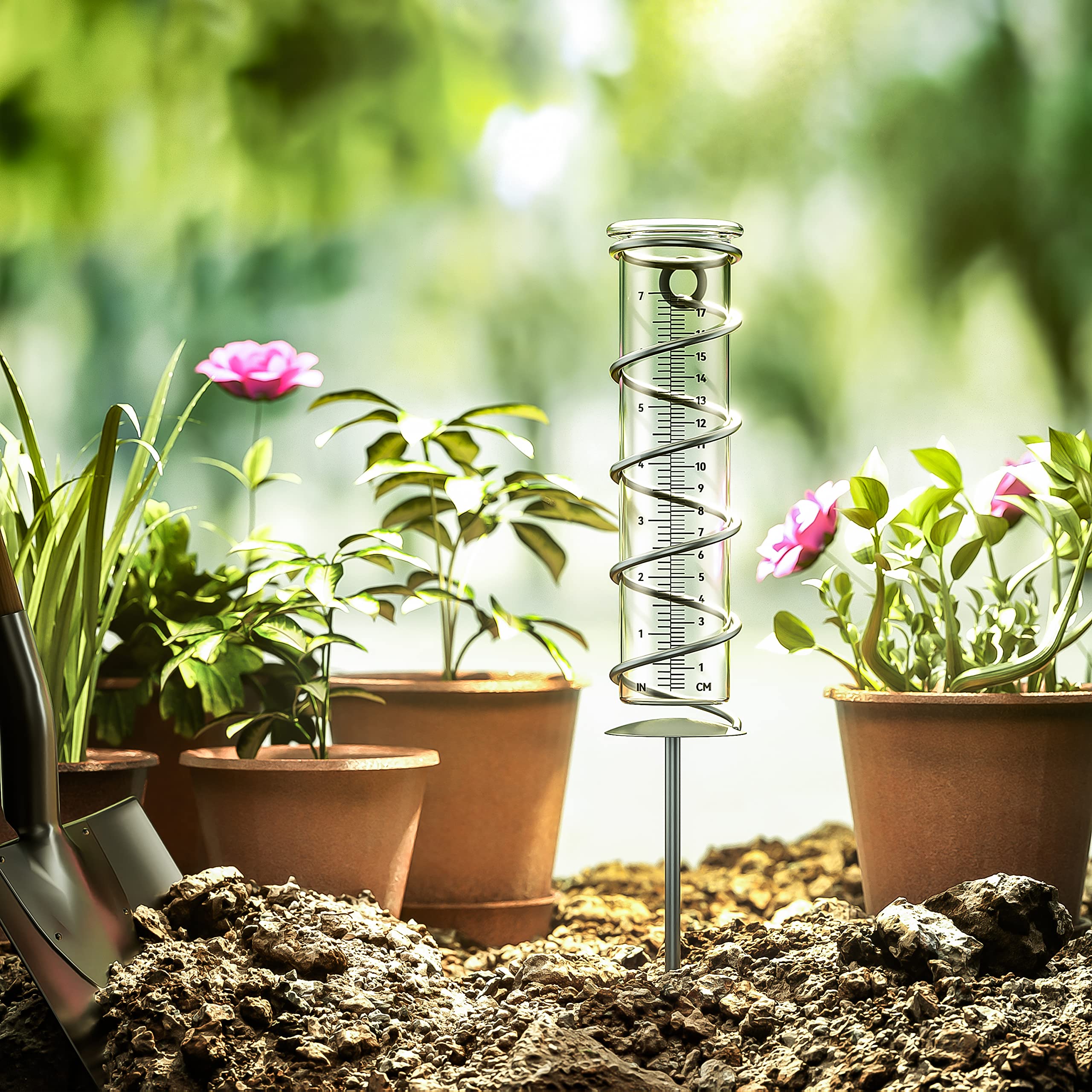 Pluviomètre En Verre Extérieur 17,7 Cm - Cadre Métal Spiralé - Piquet Inclus - Jardin Terrasse