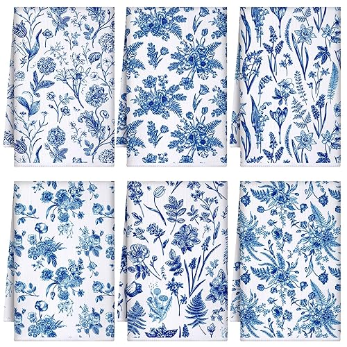 Boyiee 6 Sets Blue and White Kitchen Towels Vintage Wildflower