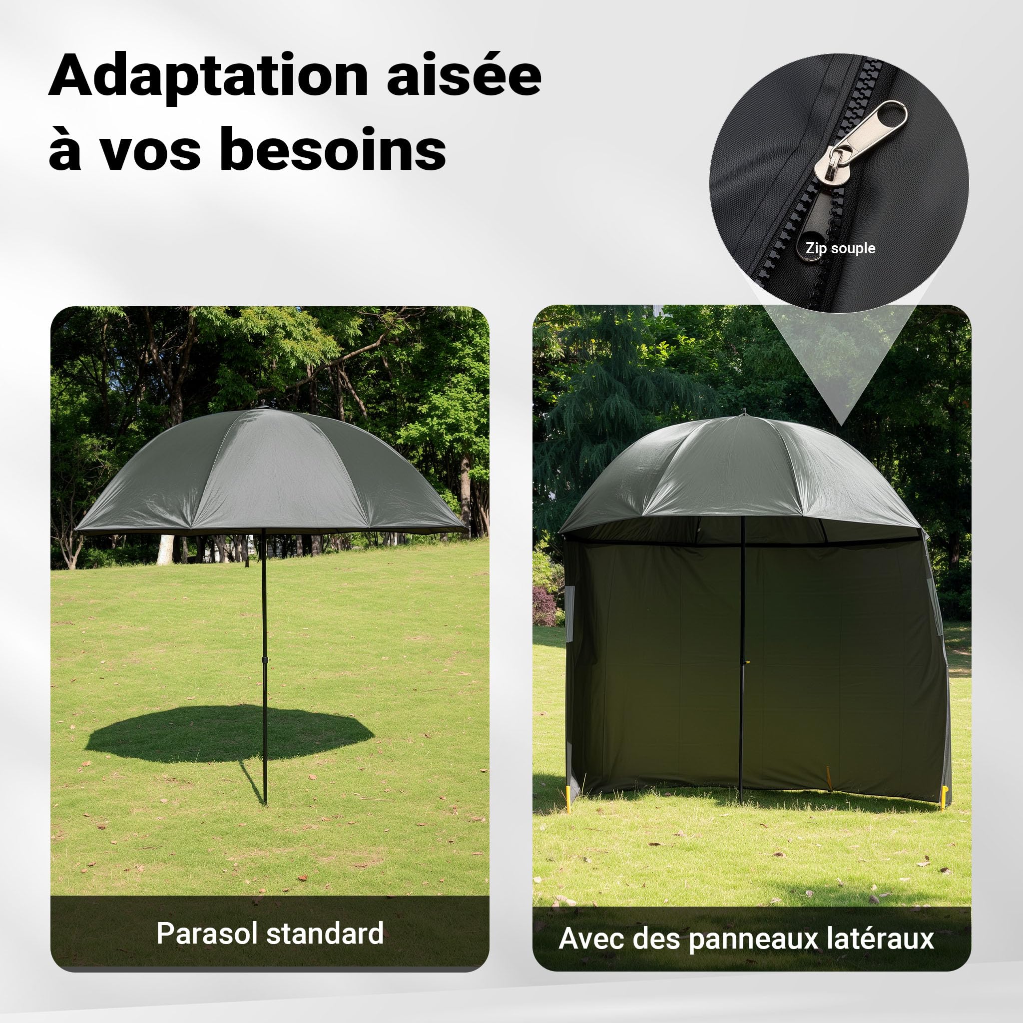 WilTec Parapluie de pêche XXL - 250 cm - Auvent avec Piquet Paroi latérale 2 Fenêtres - Parasol Abri vent & pluie Pare-soleil Tente du pêcheur