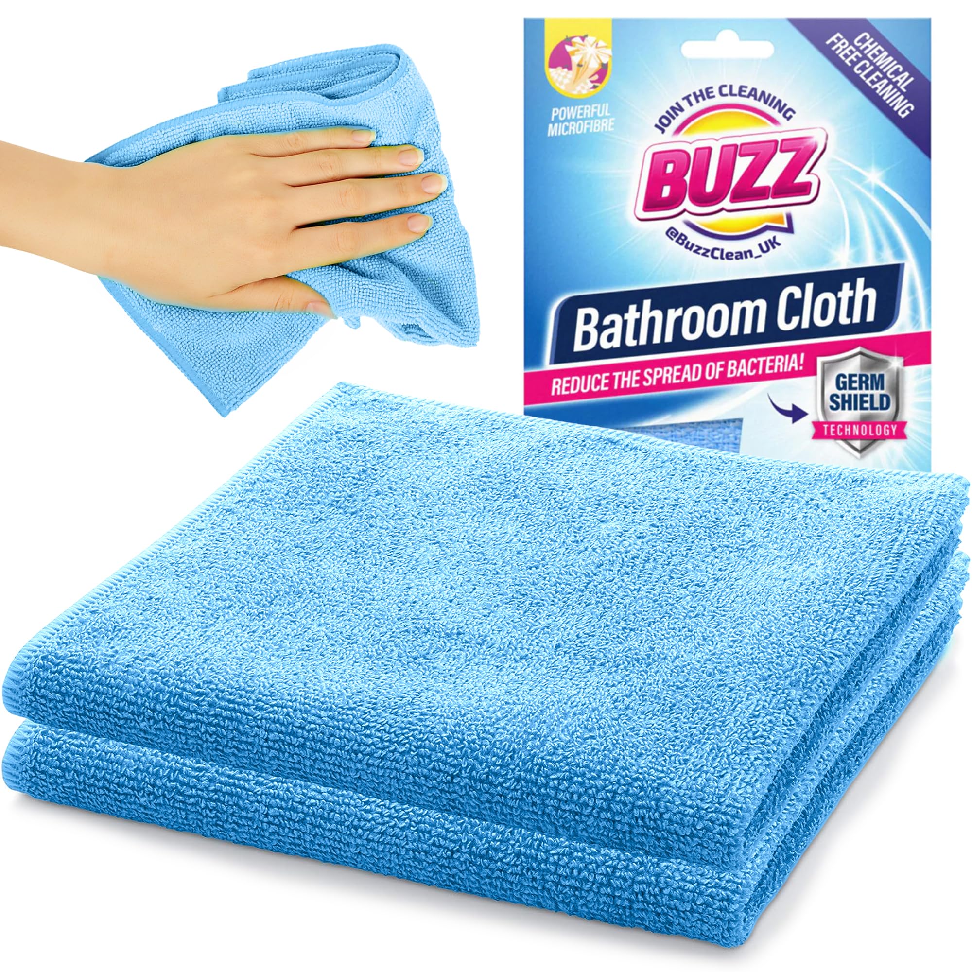 Join The Cleaning Buzz Light Blue Buzz 2Pk Bathroom Cloth With Germ Shield, 30Cm X 30Cm Bathroom Cleaning Cloth Streak-Free Microfibre, Super Absorbent, Reusable & Durable For Bath, Sink, & Shower Cleaning, Washable & Quick Drying