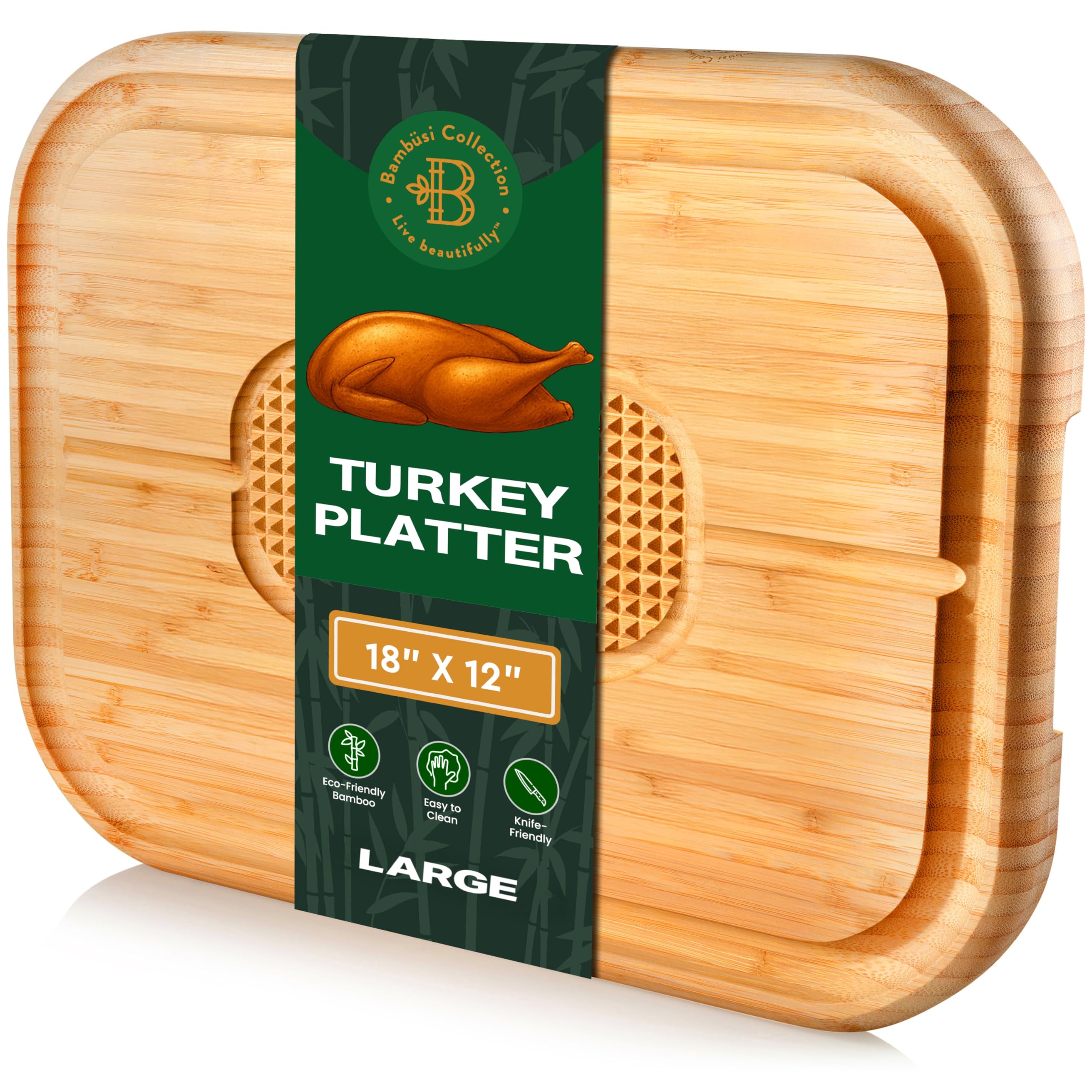 Turkey Platter for Thanksgiving - Large Bamboo Meat Cutting Board, Carving Board for BBQ Grilling - Reversible Butcher Block with Juice Groove, Spikes and Grid Grip - Heavy Duty Kitchen Gift 18 x 12