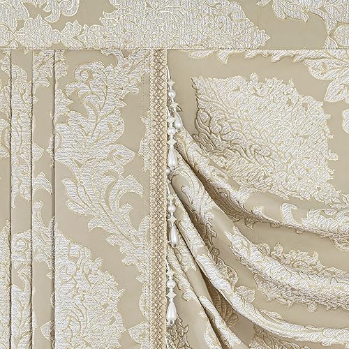 Miniatura 7 de Loom and Mill Cenefa de cascada de jacquard de lujo para sala de estar, elegantes cenefas de ventana de damasco con cuentas, cortinas beige para