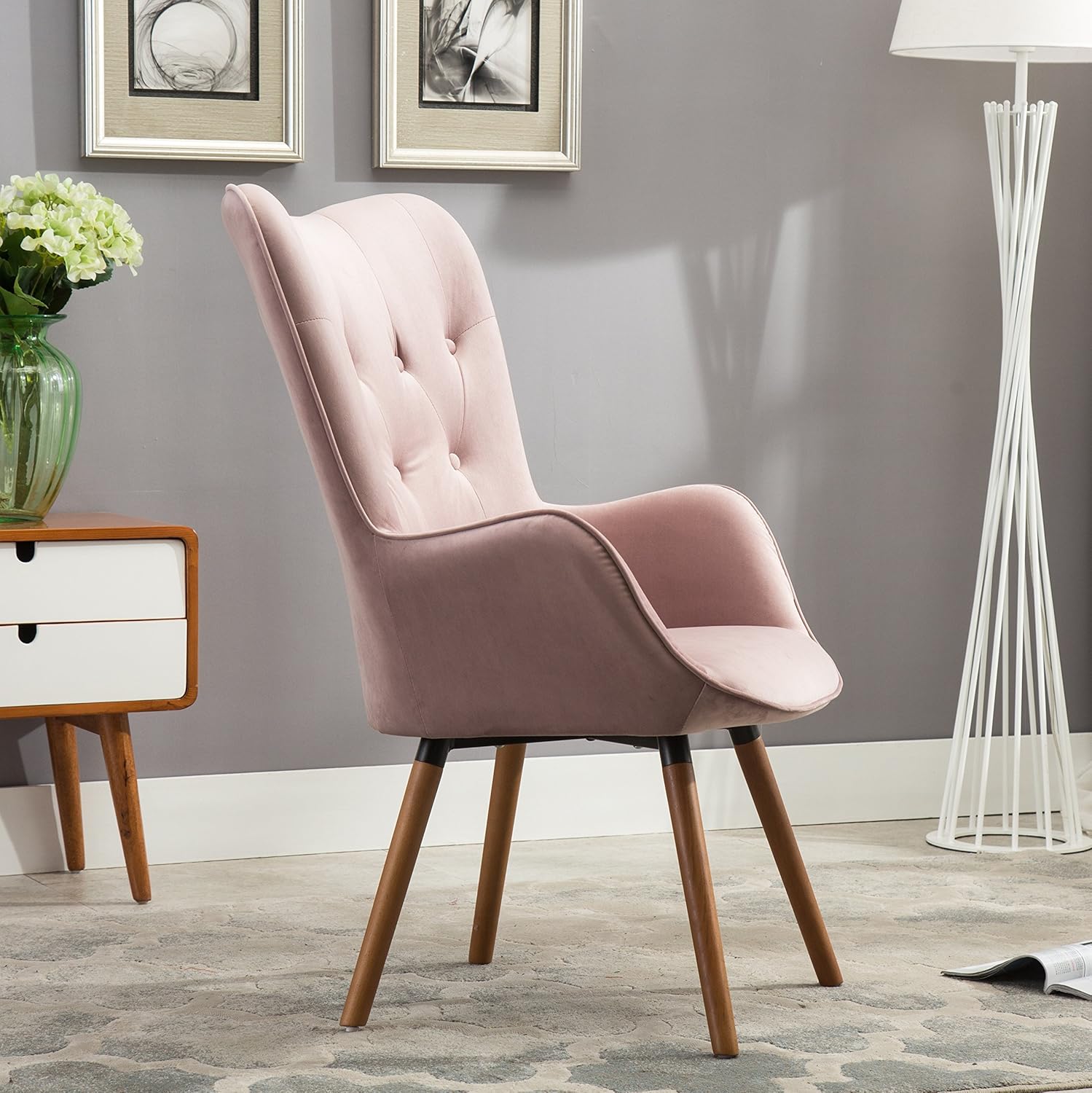 Elegant Brown Velvet Barrel Accent Chair with Wing Back and Oak Finish