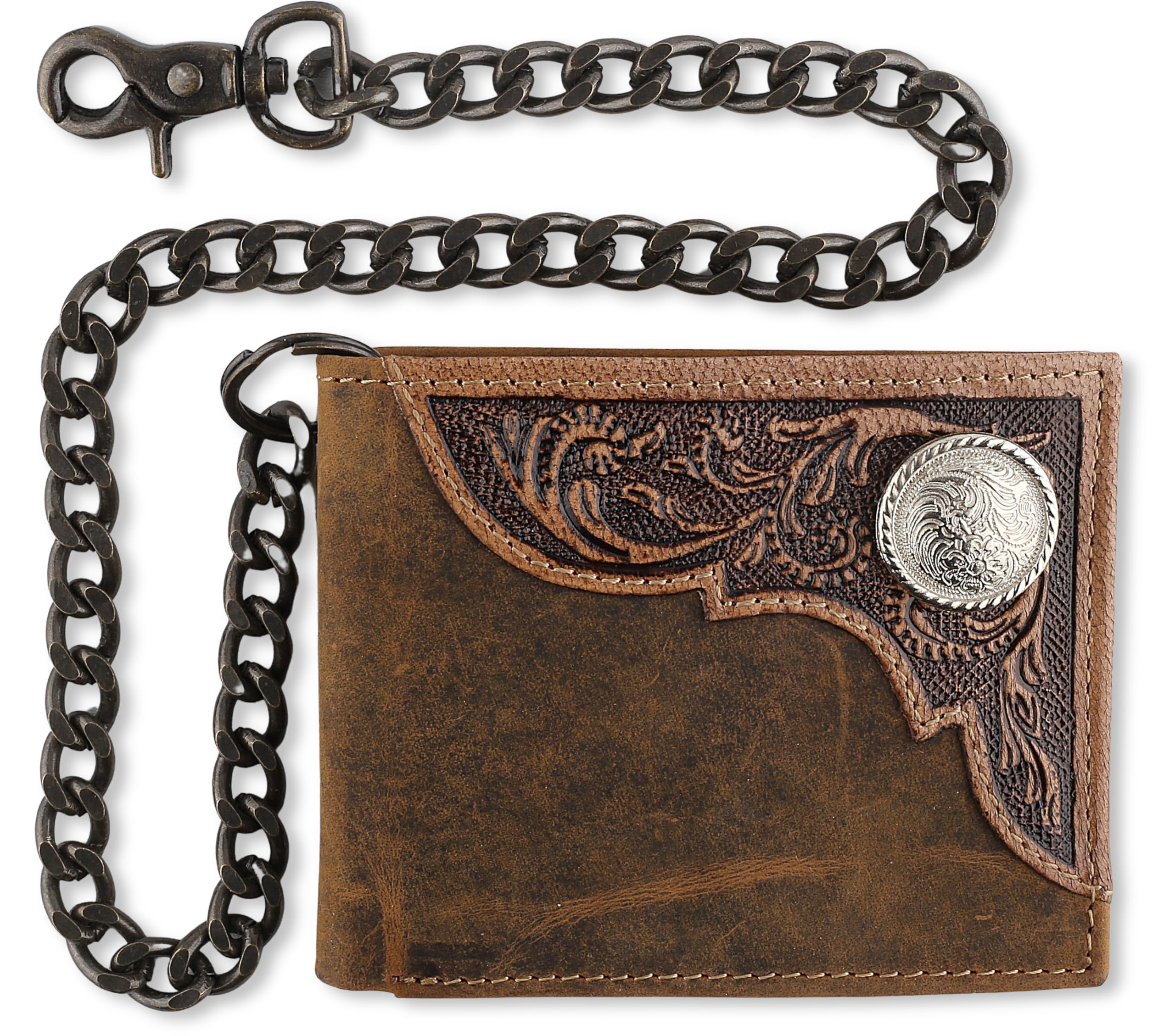 F&L CLASSIC RFID Blocking Mens bi-fold Style Cowhide Leather Steel Chain Wallet, brown western style,texas 82