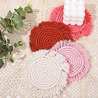 Vista 3 de Whaline Juego de 4 posavasos de macramé bohemios, hechos a mano, rojo, rosa, blanco, para bebidas, tapete bohemio con borla para tipos de tazas