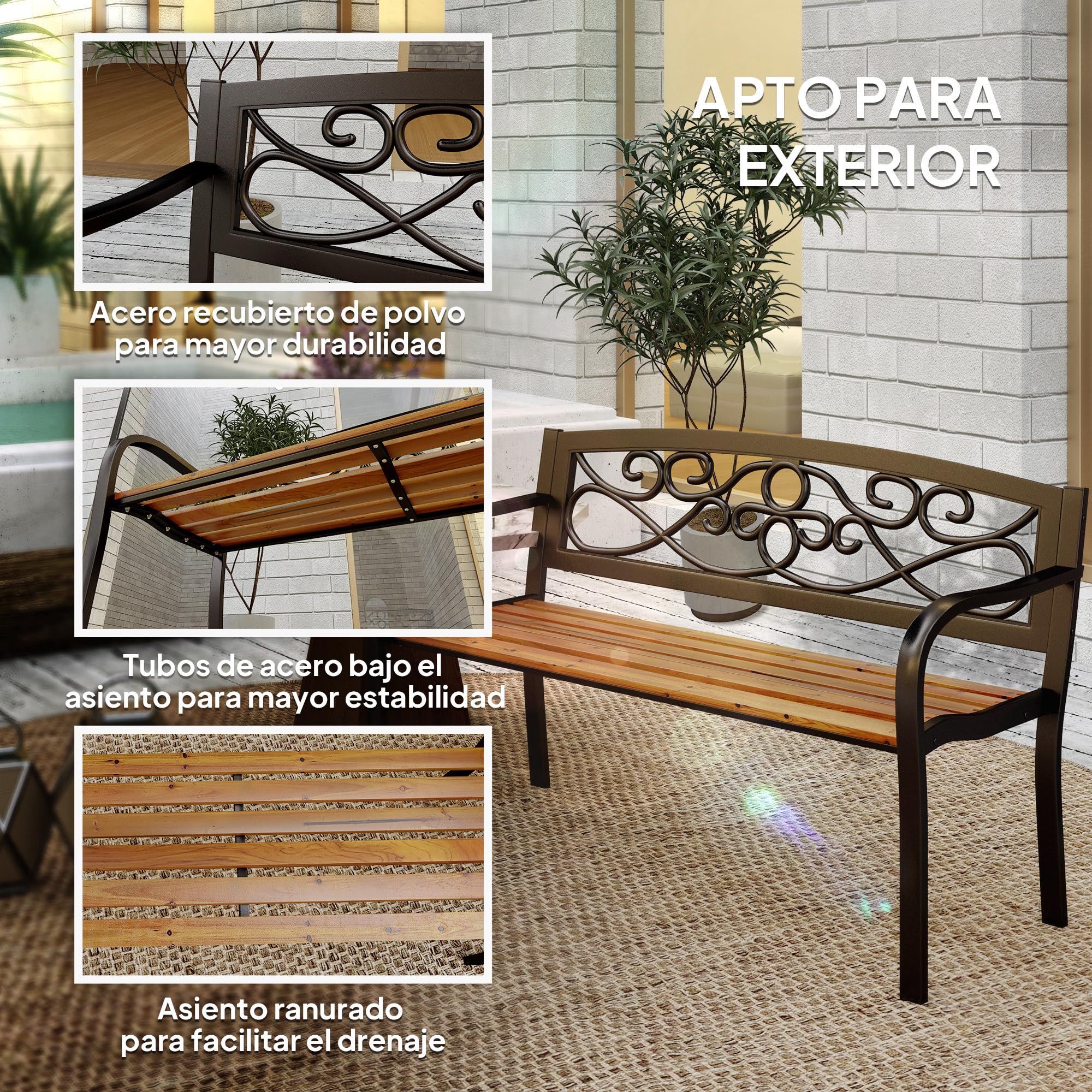 Outsunny Banco de Jardín Exterior de 2 Plazas Banco de Exterior con Asiento de Madera y Marco de Acero para Patio Terraza 127x56x80 cm Negro y Natural