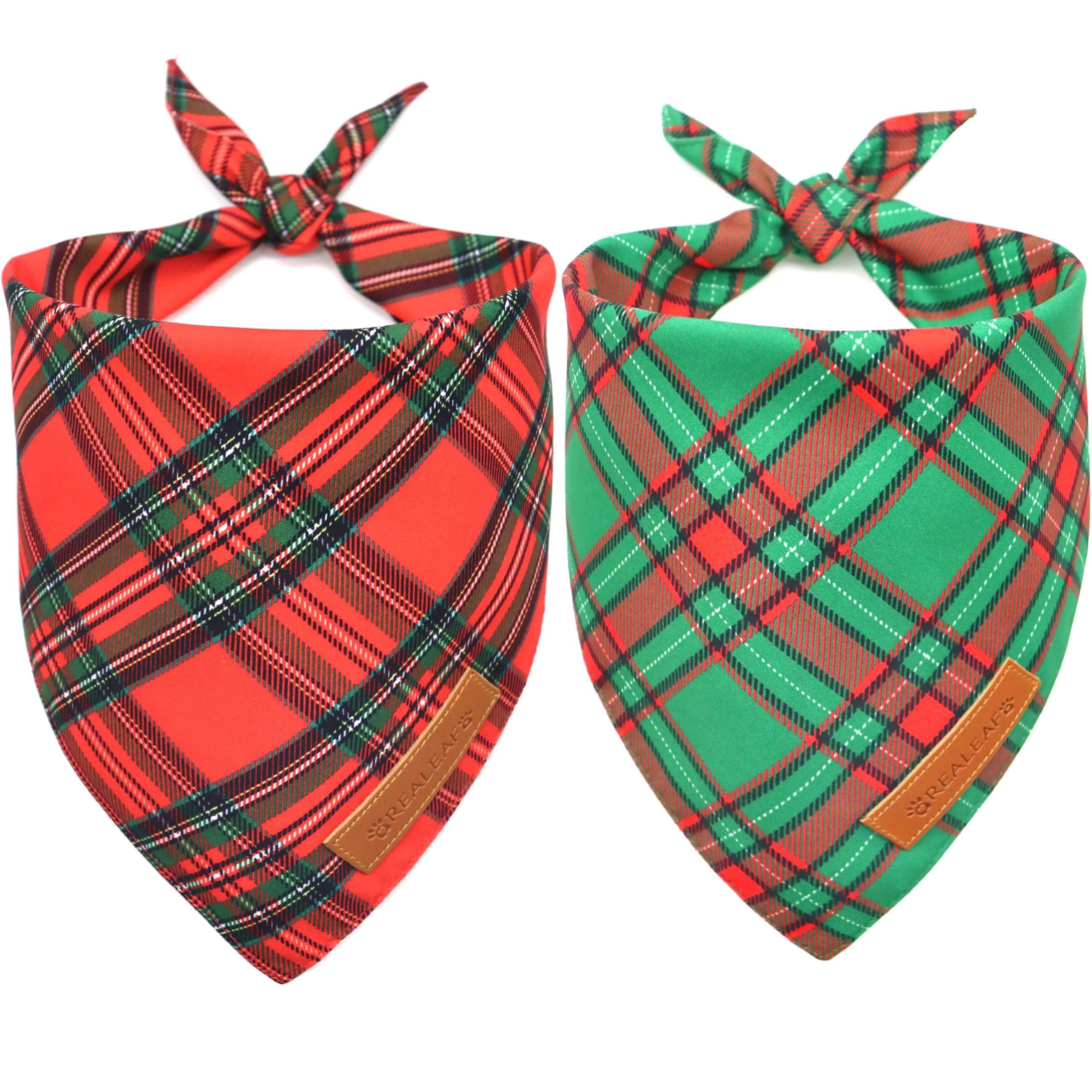 Photo 1 of Realeaf Christmas Dog Bandanas 2 Pack, Reversible Red Green Plaid Dog Scarf, Xmas Pet Bandana for Boy and Girl, Premium Durable Fabric, Holiday Check Bandana for Medium and Large Dogs Pets (Large) Christmas Large