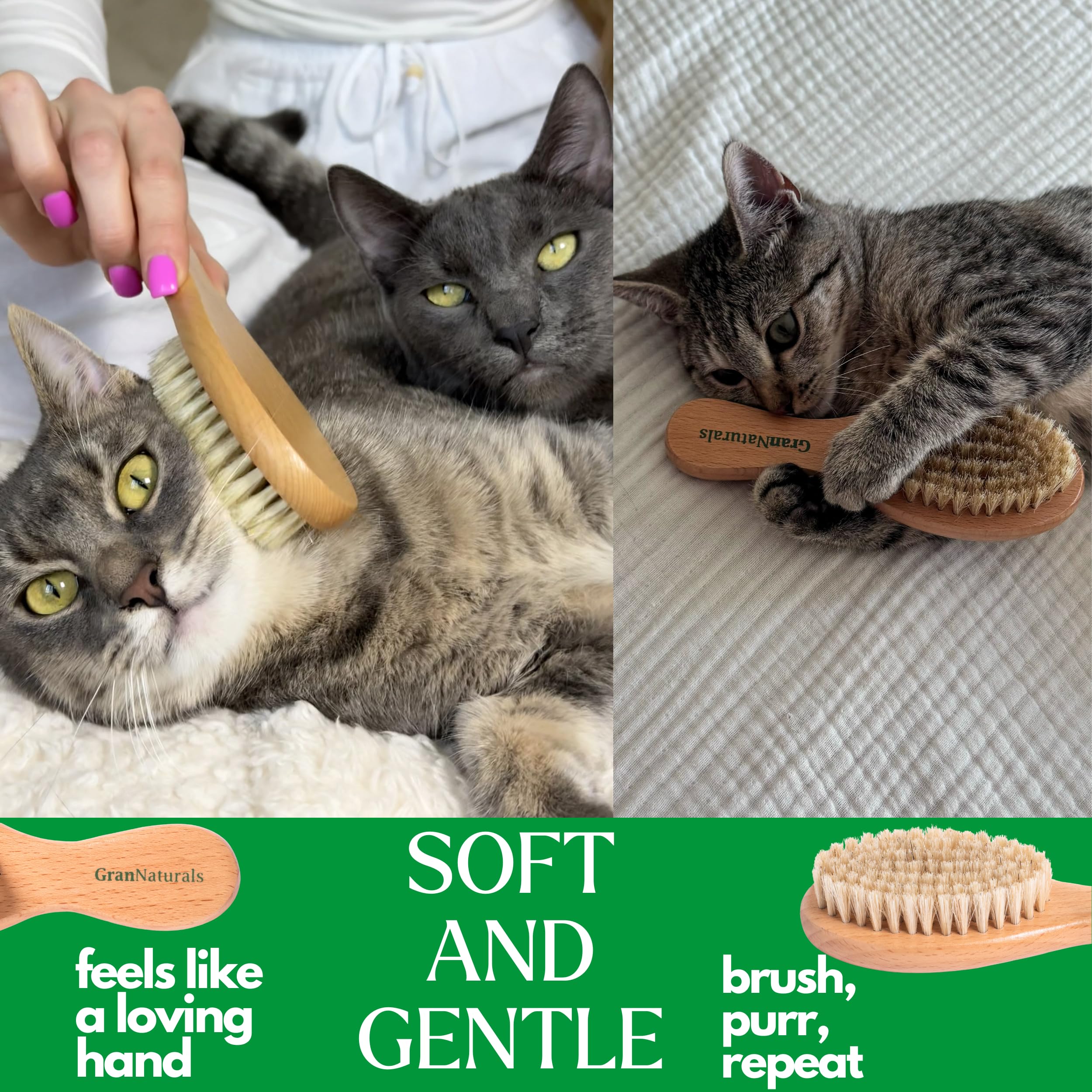 GranNaturals Cepillo suave de cerdas de jabalí para gatos para interiores, exteriores, gatos de pelo corto, gatitos, perros pequeños, conejos, mascotas peludas, aseo suave en pelaje y cola sensibles