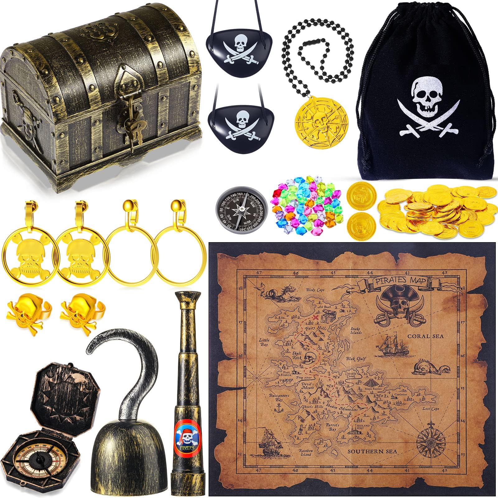 Sratte 116 Pcs Pirate Treasure Toys, Treasure Box with Coins Jewels Gems and Map Compass Telescope for Boy Girl Christmas Gifts Halloween Cosplay Props Pirate Theme Party Decoration Favors