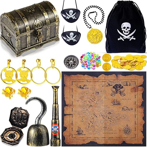 Miniatura 1 de 116 piezas de juguetes del tesoro pirata, caja del tesoro pirata con monedas, joyas, gemas y mapa pirata, brújula, telescopio para niño y niña,