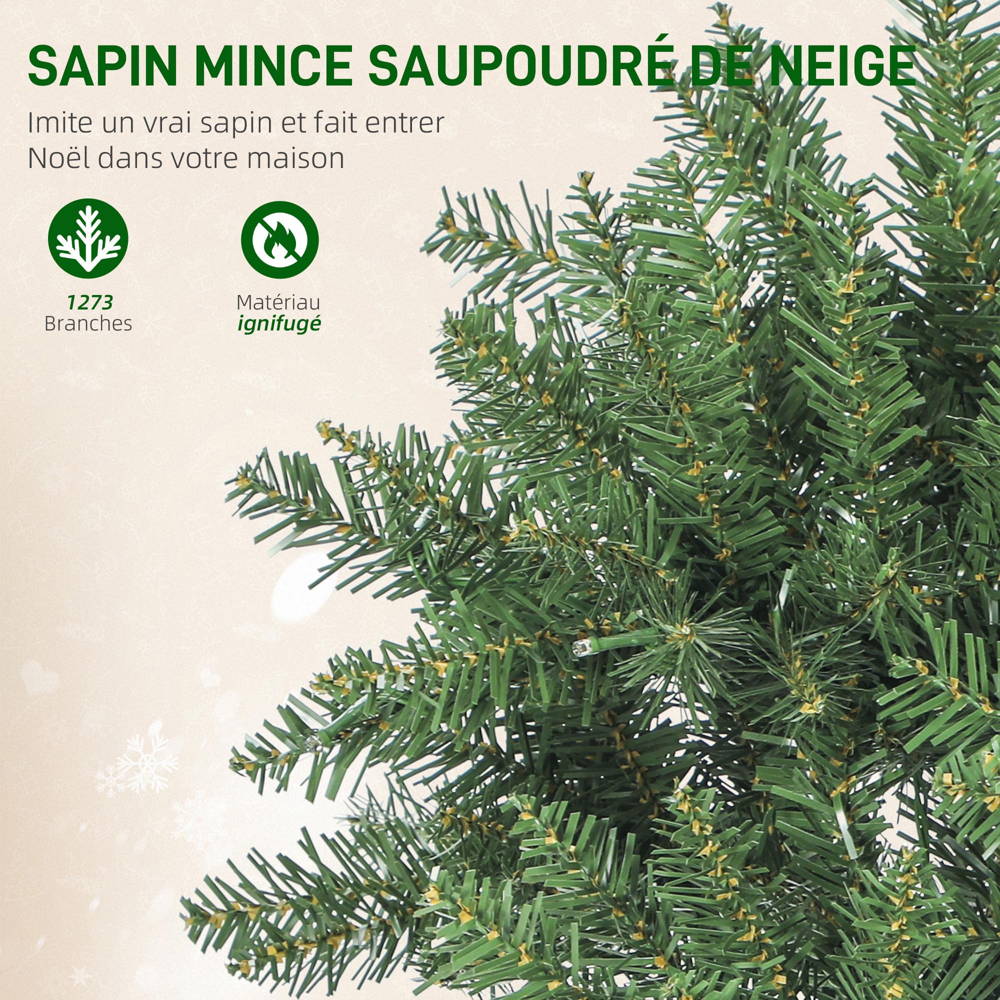 HOMCOM Sapin de Noël Artificiel 210 cm 350 Lumières Blanches Chaudes Vert | Arbre de Noël Fin, Lumières Multicolores, 9 Modes d'Éclairage, 1273 Pointes de Branche Articulée, Support en Métal Pliable