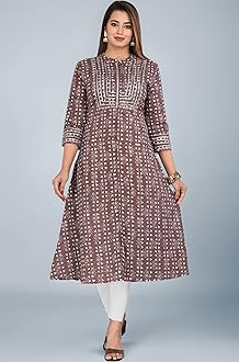 KANNAHI Women Pure Cotton Ethnic Motif Print A-line Straight Kurta Jaipuri Sanganeri Printed 3/4 Sleeve Kurti for Casual Party & Festival Wear for Girls & Womens