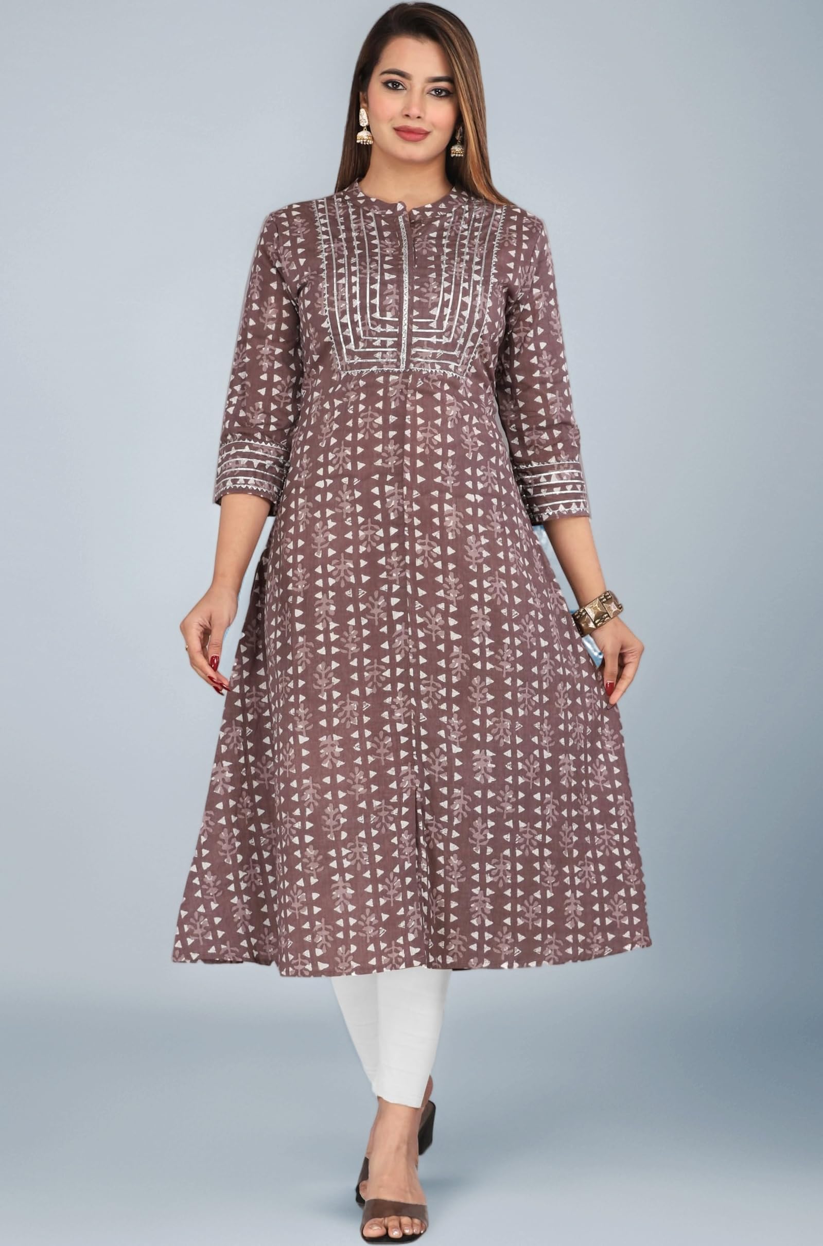 KANNAHI Women Pure Cotton Ethnic Motif Print A-line Straight Kurta Jaipuri Sanganeri Printed 3/4 Sleeve Kurti for Casual Party & Festival Wear for Girls & Womens