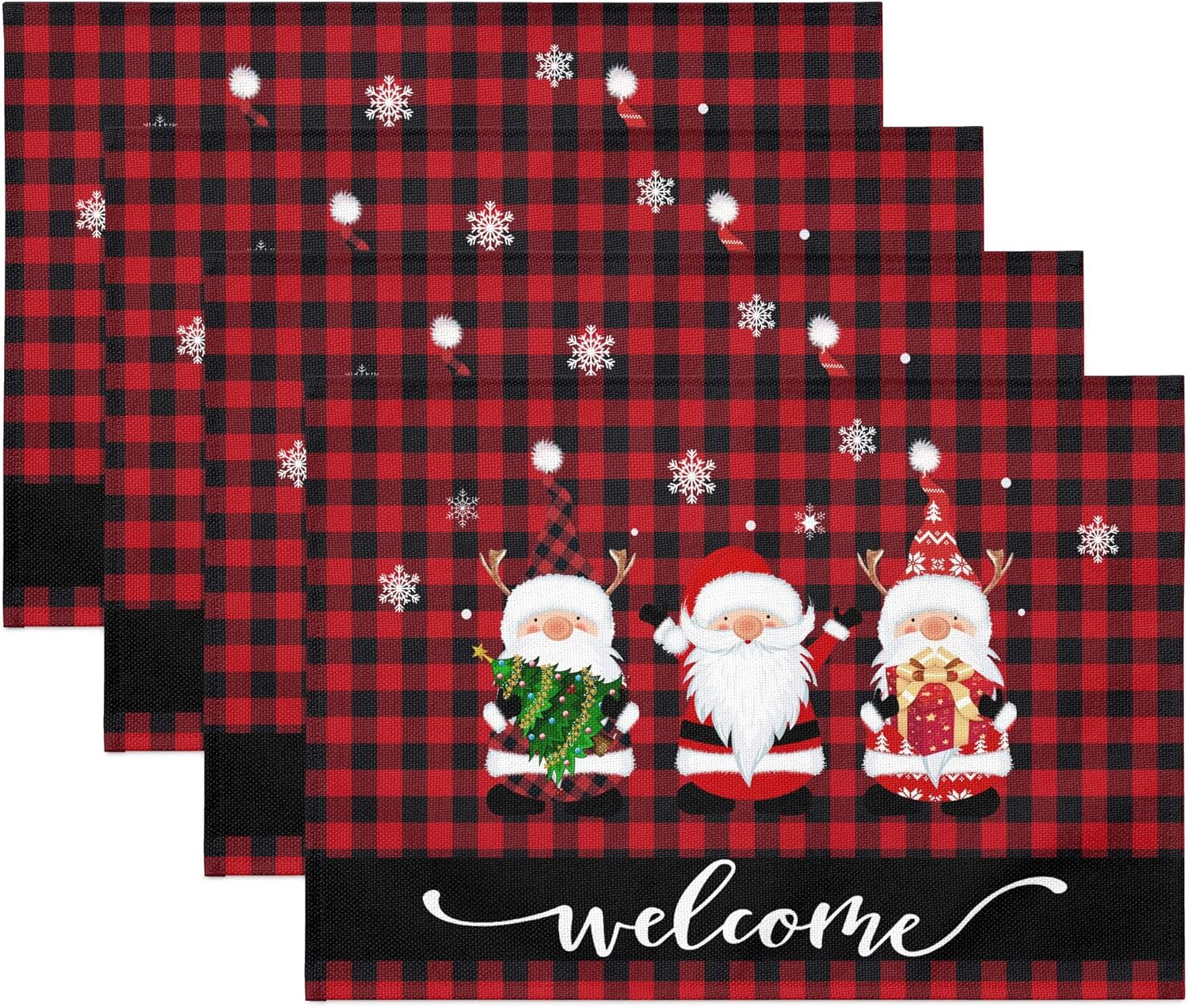 Christmas Placemats Set of 4, Winter Xmas Gnome Red Black