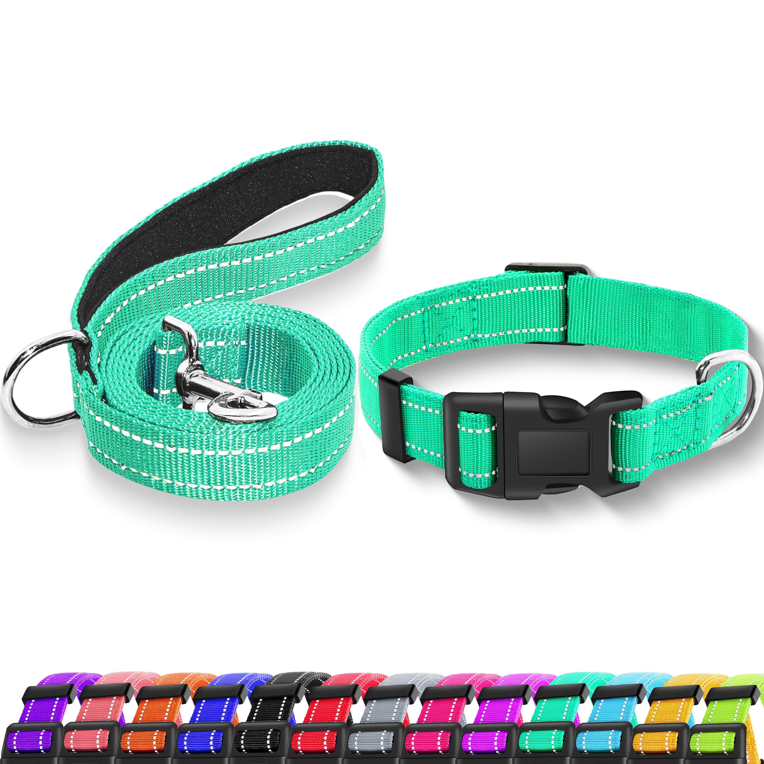 Reflective Dog Collar with Safety Locking Buckle, Adjustable Soft Breathable Nylon Collars for Small, Medium and Large Dogs(Collar+Leash XS Width 5/8" Turquoise)