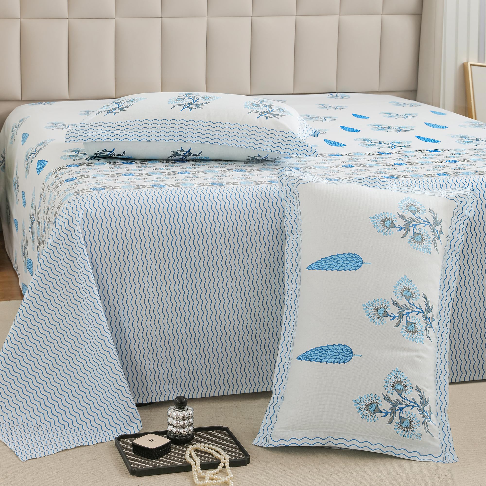 Story@Home Bedsheet for King Size Bed 240TC White & Light Blue, Motif design, 1 Piece Cotton bedsheets for King Size Bed with 2 Pillow Covers (270 x270cm) Perfect for Home Decor | 100% Cotton bedsheet-image-18