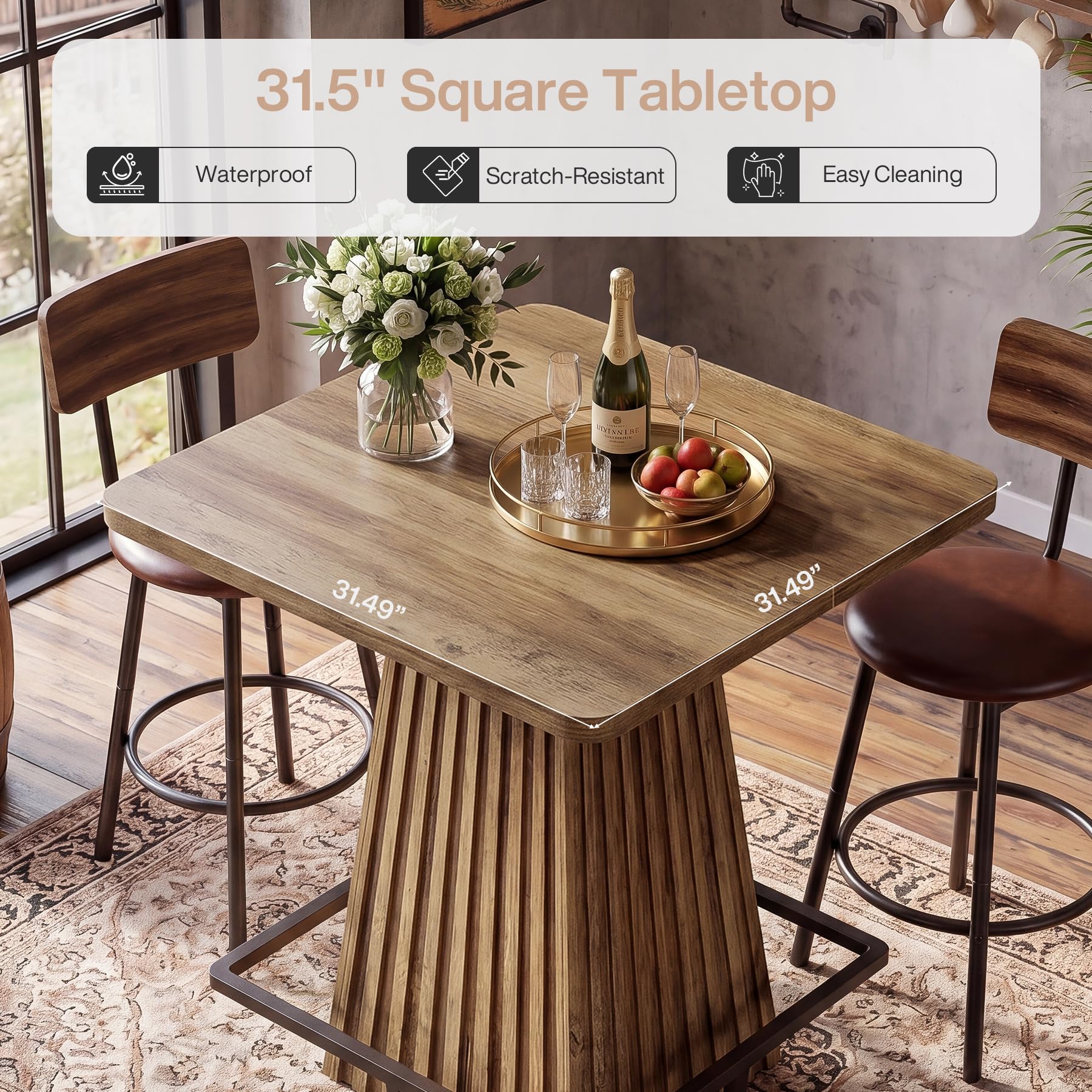 Tribesigns Tavolino da Bar, 80 x 80 x 95 cm, Tavolo da Bar Alto con Poggiapiedi in Metallo, Tavolo da Cucina Multifunzionale, Mobile da Bar e Bistrot per Cucina, Sala da Pranzo e Soggiorno, Marrone