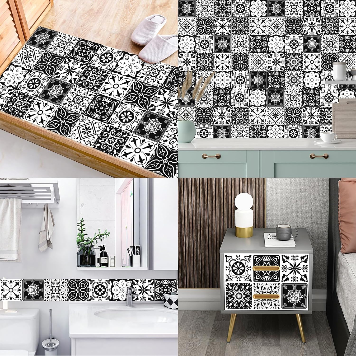 DKDDSSS 40pcs Victorian-Geometric Tile Stickers, Peel & Stick, Black & White, 10cm x 10cm, Waterproof, Indoor Use, Vinyl, Traditional Style, Suitable for Wood, Plastic, Metal, Glass