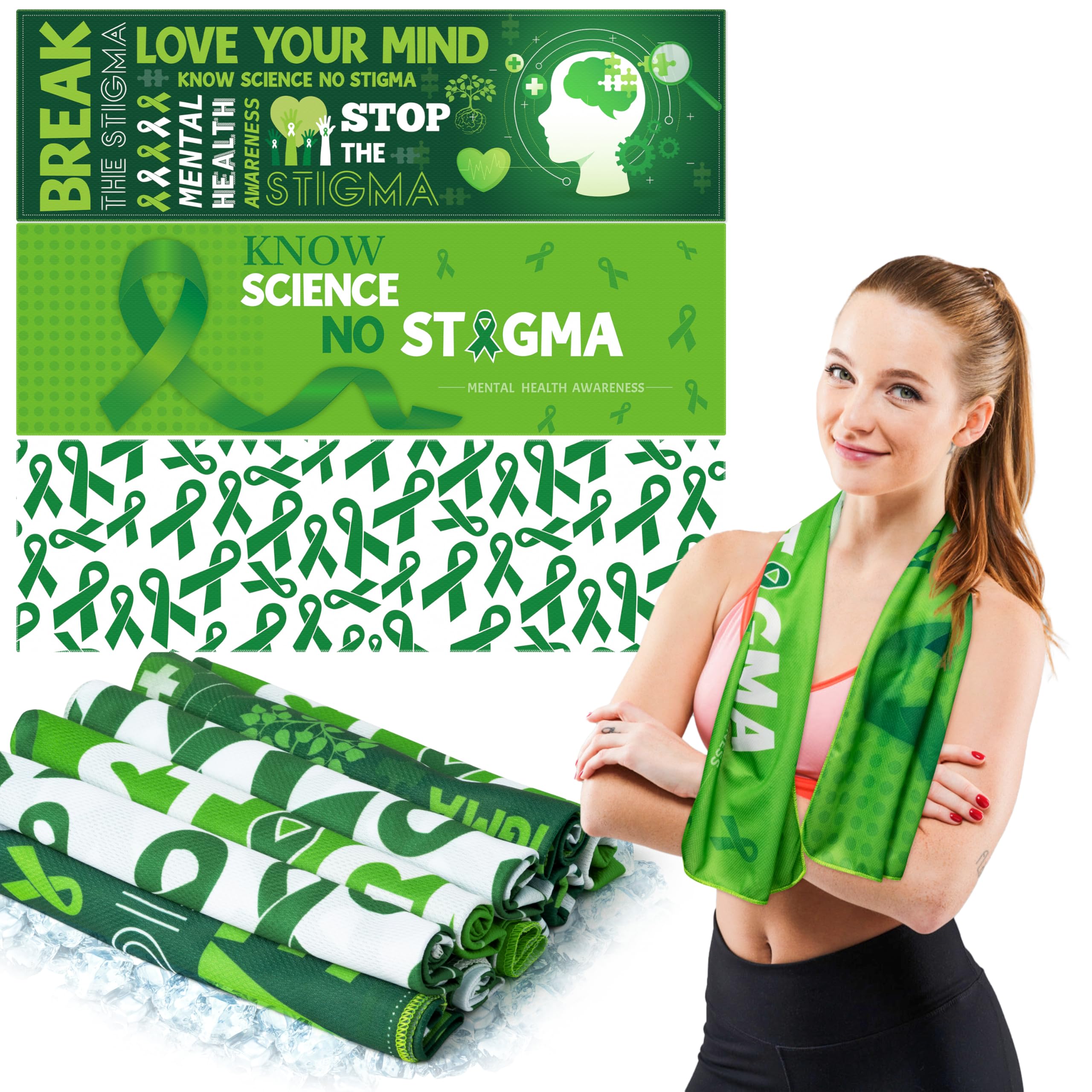 R HORSE Mental Health Awareness Cooling Towels - 12Pcs Green Ribbon Breathable Chilly Microfiber Ice Towels for Neck and Head, Mental Health Day Gifts for Volunteer Activities Yoga Sports, 40