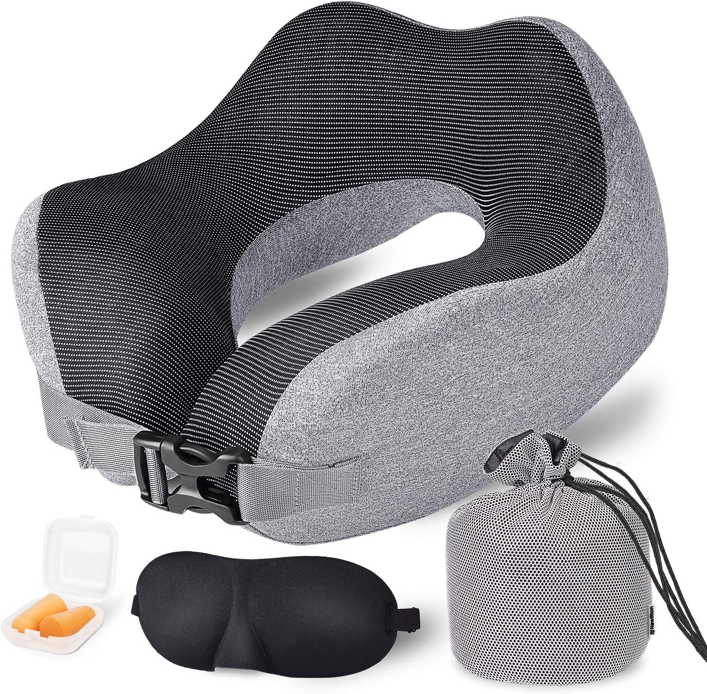 Travel Pillow Memory Foam Neck Pillow, Upgrade Design Perfect Support Airplane Pillow with Machine Washable Pillowcase, Adjustable Airplane Travel Pillow with 3D Sleep Masks, Earplugs and Bag