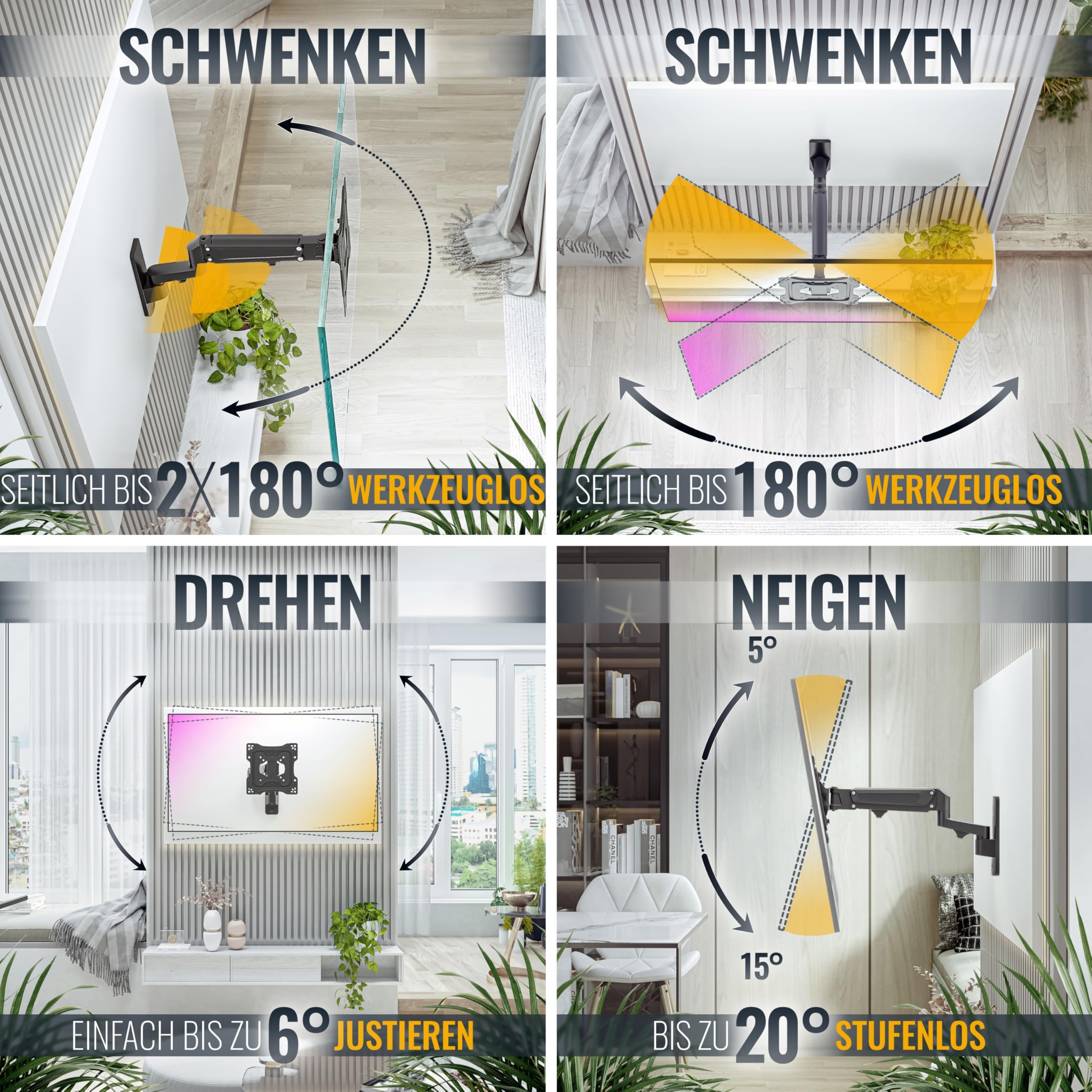RICOO TV Wandhalterung Fernseher Halterung Gasfeder Schwenkarm für 32-55 Zoll Fernsehhalterung für Wand S4422 Höhenverstellbar Schwenkbar Neigbar Flach Curved Fernseh-Arm bis 23-Kg & VESA 100 & 200