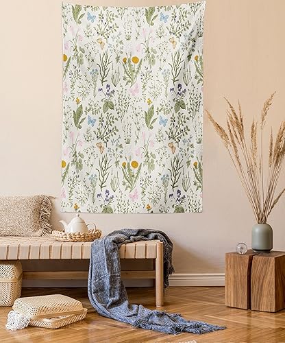 Ambesonne Tapiz floral, plantas de jardín vintage, hierbas, flores, arte botánico de diseño clásico, colgante de pared para dormitorio, sala de