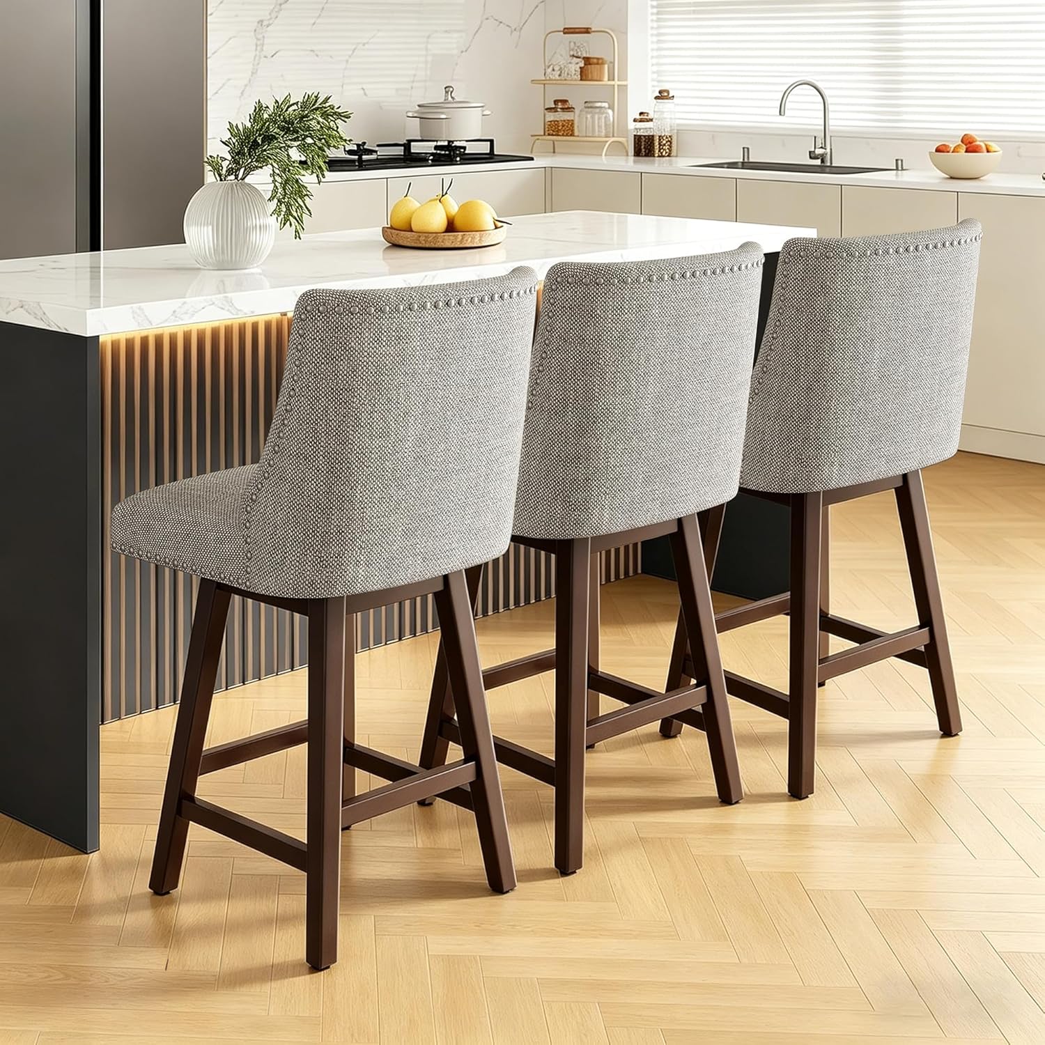 Counter Height Swivel Bar Stools,Bar Stools Set of 3,26 Inch Modern Counter Height Barstools,Kitchen Backs Soft Fabric Upholstered Rivets Bar Chairs,Solid Wood Legs with Footrest,Rice Grey Linen