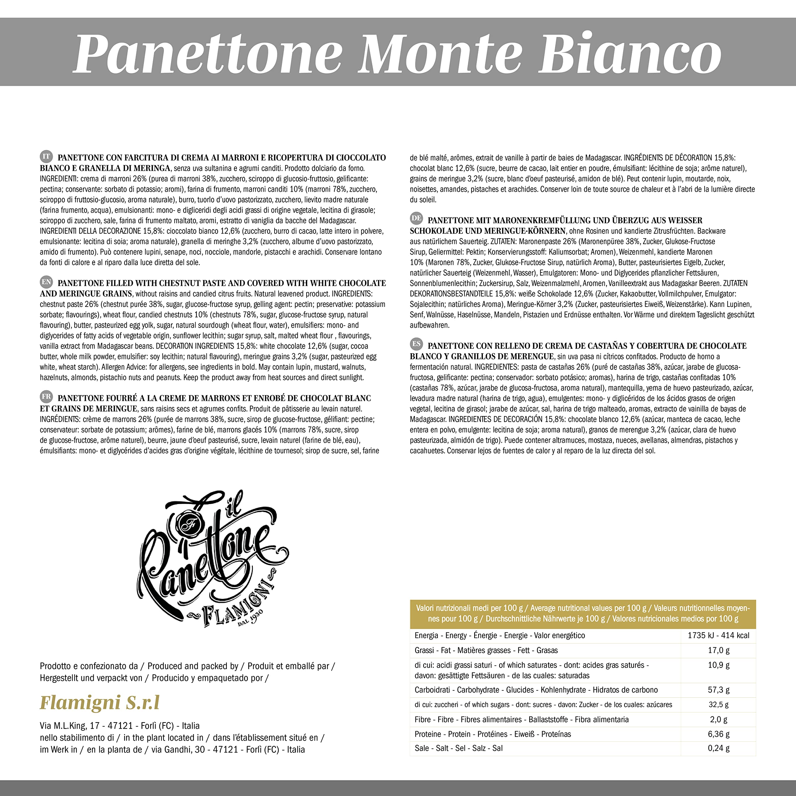 FLAMIGNI, Panettone Artisanal Italien Farci Mont Blanc à la Crème de Marrons et Morceaux de Marrons Glacés, Glacé au Chocolat Blanc et Meringues Croquantes, Coffret Spécial Noël, 950 gr