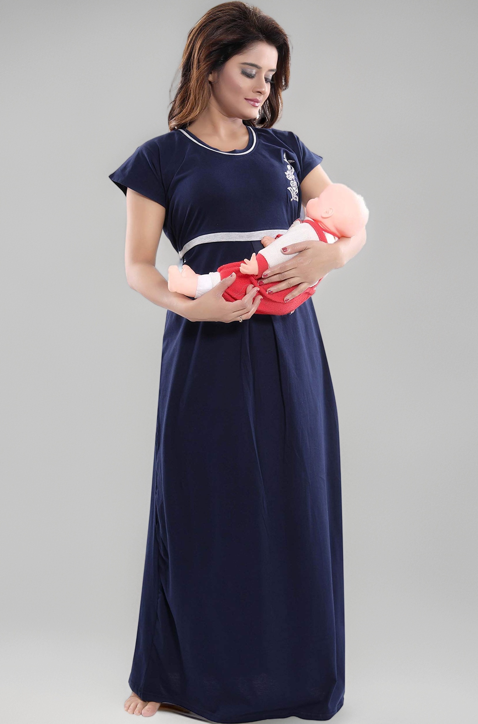 Women's Hosiery, Nursing, Feeding, Maternity Long Nighty - Zip Opening at Bust - Before and After Baby Multipurpose Nighty