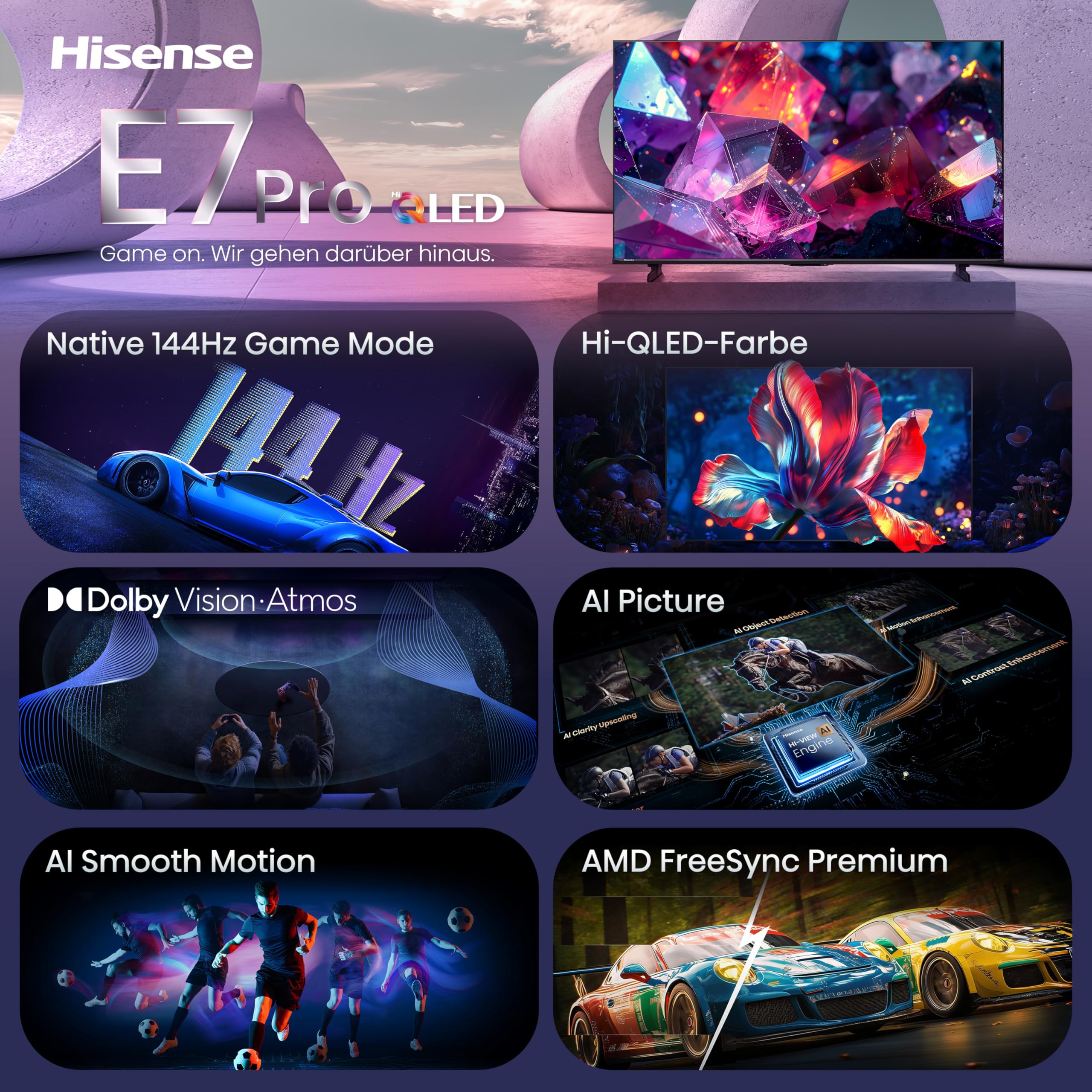 Hisense 65E7DS PRO Fernseher 65 Zoll, 4K UHD QLED, Smart TV, Hi-Concerto, 144Hz Game Mode, Hi-QLED Colour, Dolby Vision.Atmos, Filmmaker Mode, Dolby Audio, DTS Virtual: X, FreeSync Premium [2026]