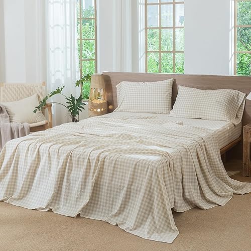 Miniatura 9 de MooMee Juego de sábanas 100% algodón lavado con textura parecida al lino transpirable duradero suave cómodo (gris marrón, King)