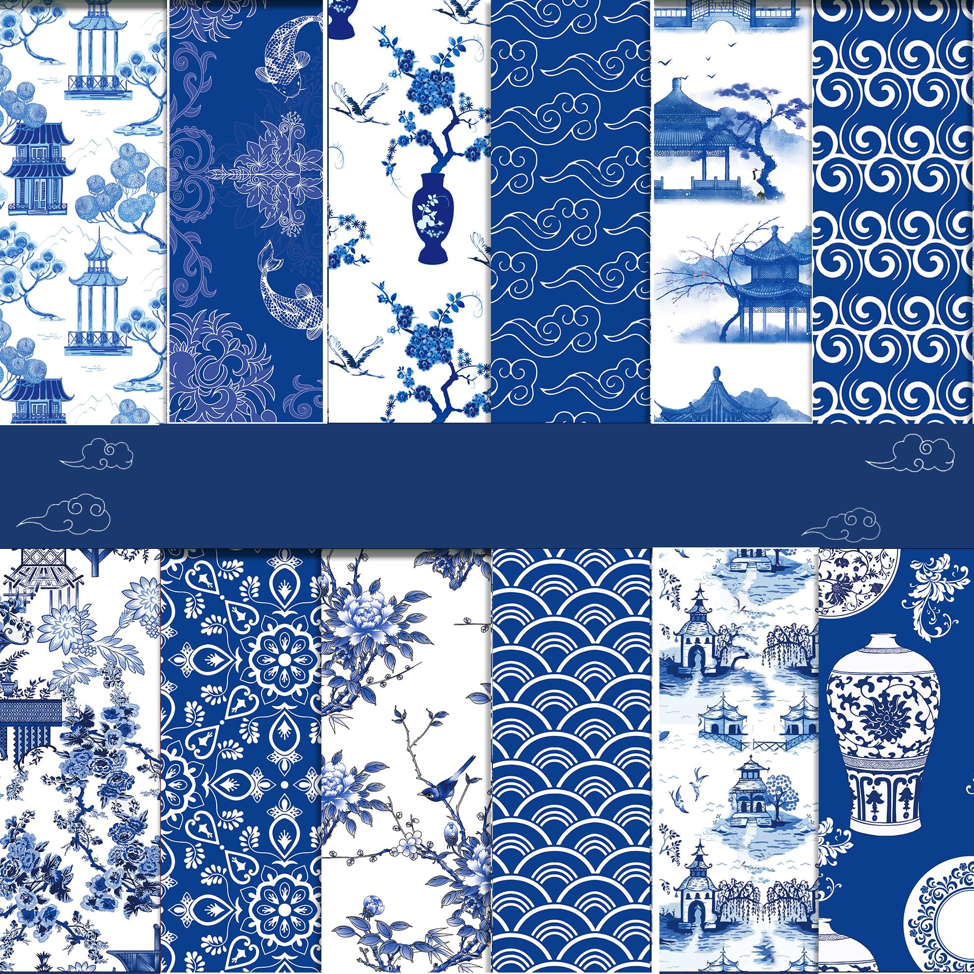 24 Sheets Chinoiserie Scrapbook Paper Chinoiserie Pattern Paper Double-Sided 12" x 12" Chinese Blue and White Porcelain Patterned Decorative Craft