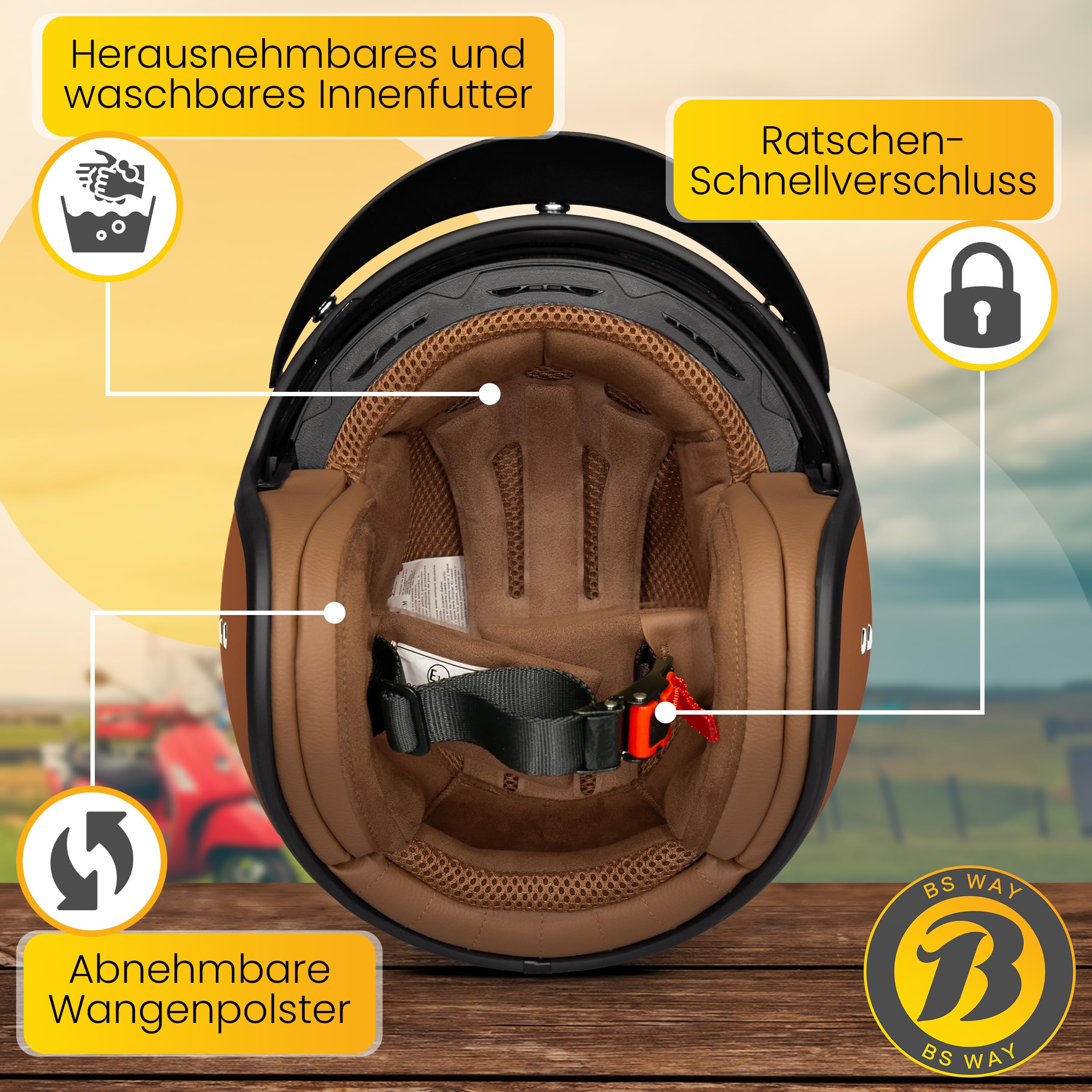Jethelm mit Visier by BS Way: Hochwertiger Motorradhelm, ECE-Zertifiziert für Herren und Damen - Ideal für Roller, Moped, Mofa und Scooter - Retro Helm Design, Halbschalenhelm Frost Braun