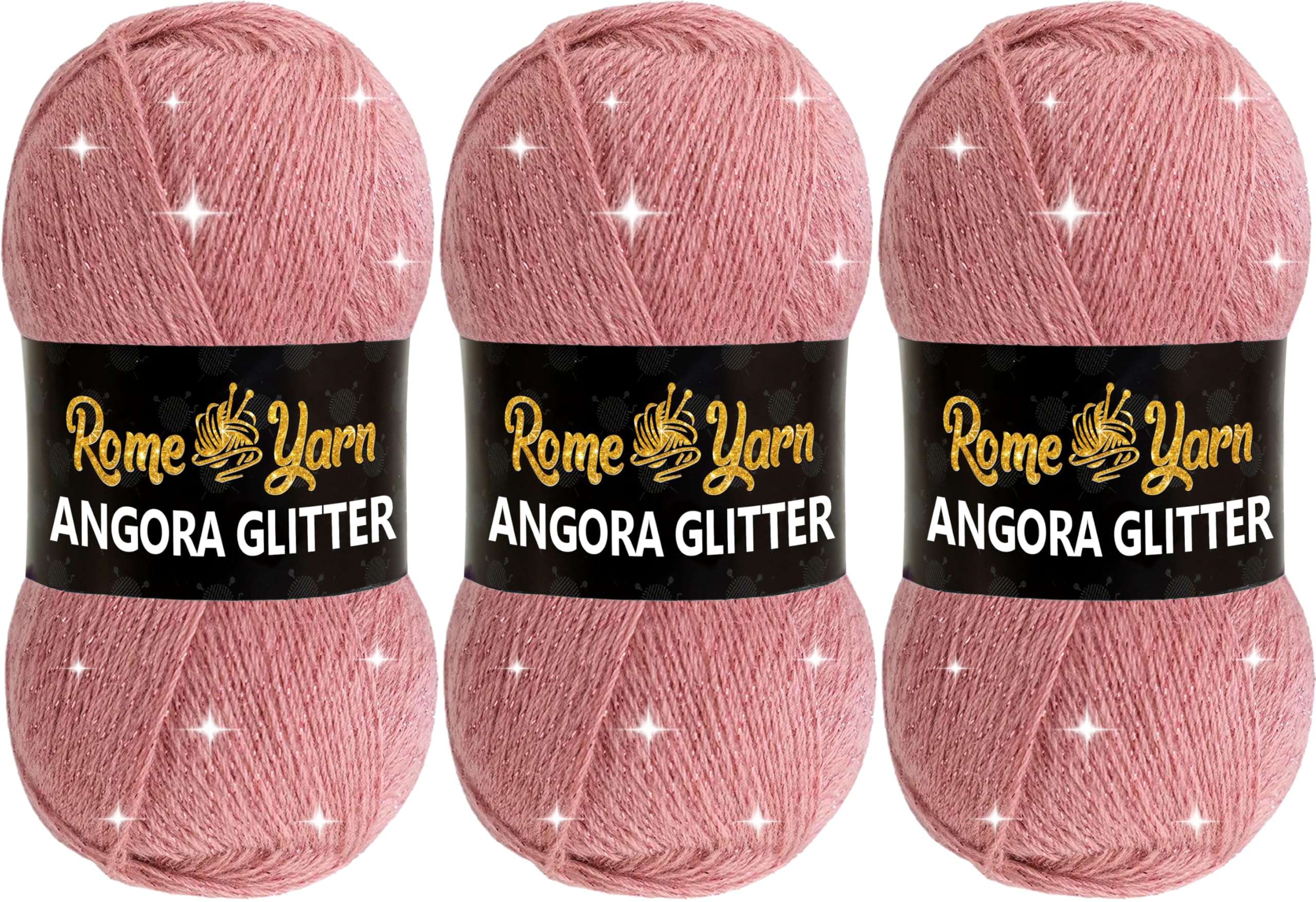 Rome Yarn Angora Glitter Yarn 3 Pack (3 x 100g) | Soft Metallic Sparkle Yarn | Acrylic Wool Blend | Knitting & Crochet | 500m Each (778 Dark Pink)