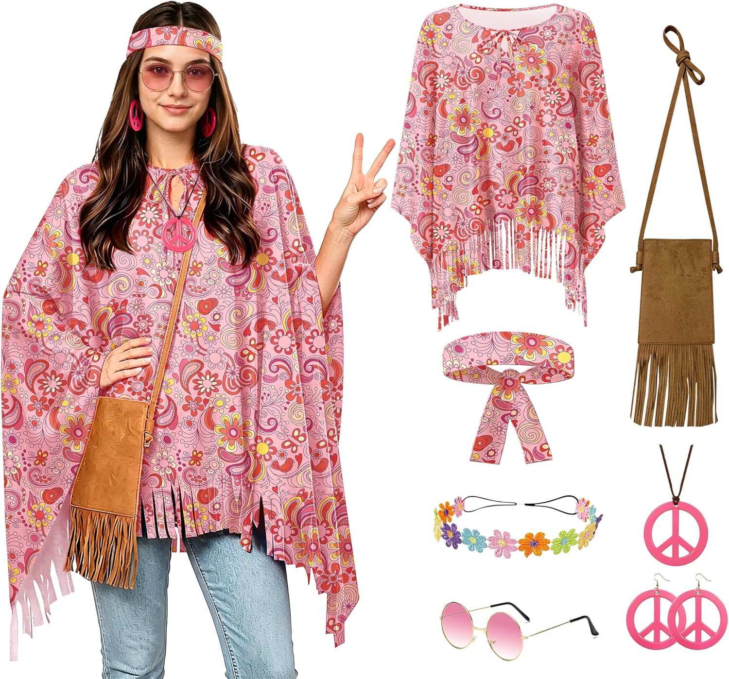 For G and PL Women Halloween 7 Pcs 70s Hippie Costume Accessories Set Tie Dye Poncho Fringe Bags Sunglasses Retro Outfit