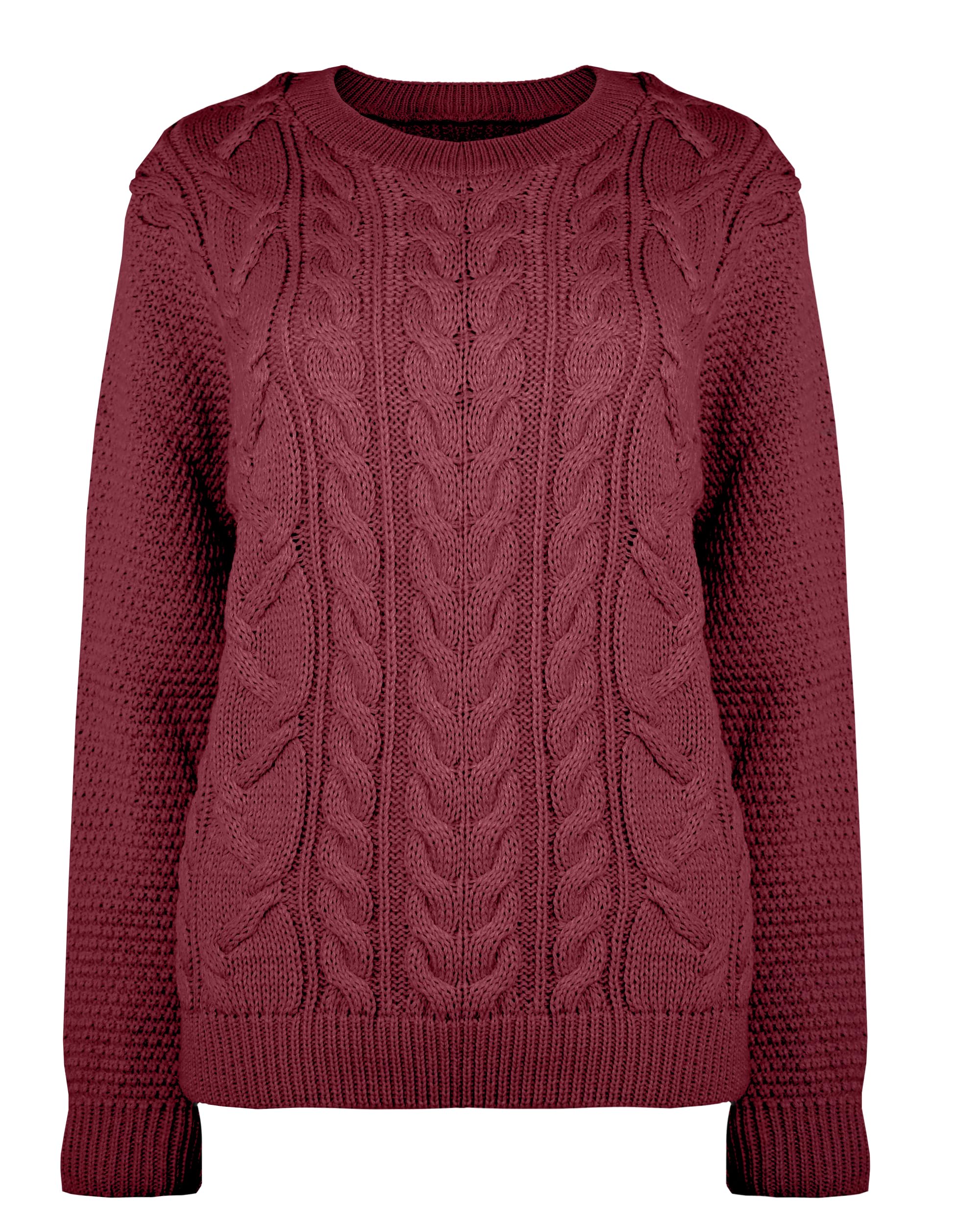 FARKZIQ New Women Ladies Knitted Cable Long Sleeve Warm Chunky Sweater Knitwear Jumper Tops Pullover Crew Neck[Wine,LXL]