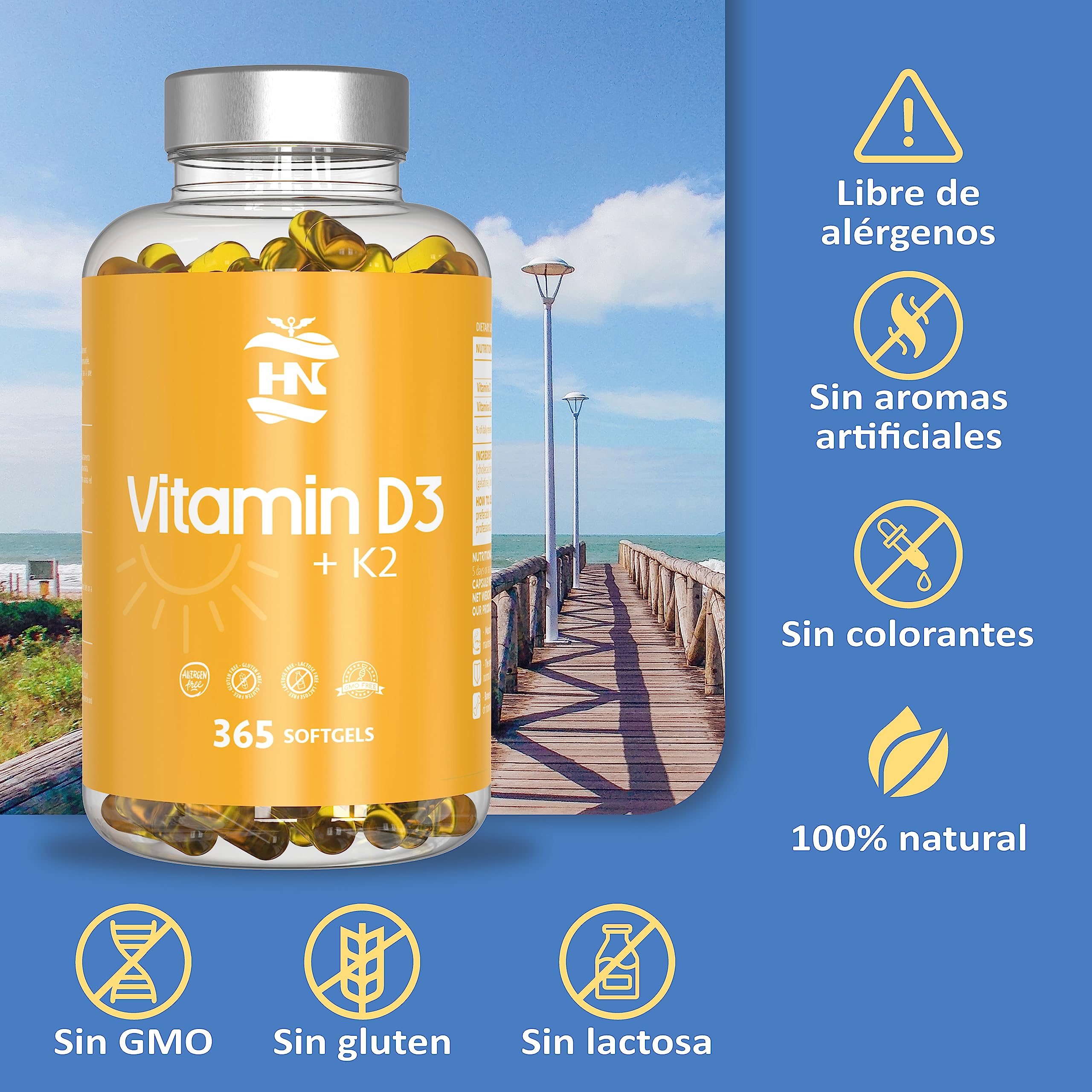 Vitamina D - 365 Cápsulas de vitamina D3 K2 – Vitamina D (5000 UI) altamente concentrada. Favorece la función inmunológica y ósea - 365 cápsulas (1 Bote 365 Cápsulas) (Paquete de 2)