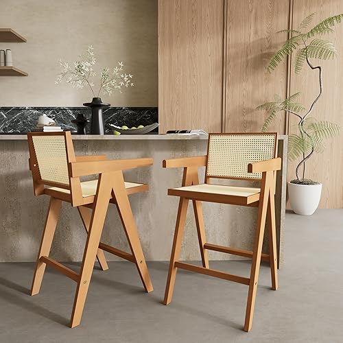 Miniatura 4 de Taburetes de bar, sillas de comedor, juegos de mesa y sillas, escritorio - Taburete de respaldo de plástico de caña tejida de 27 pulgadas de altura