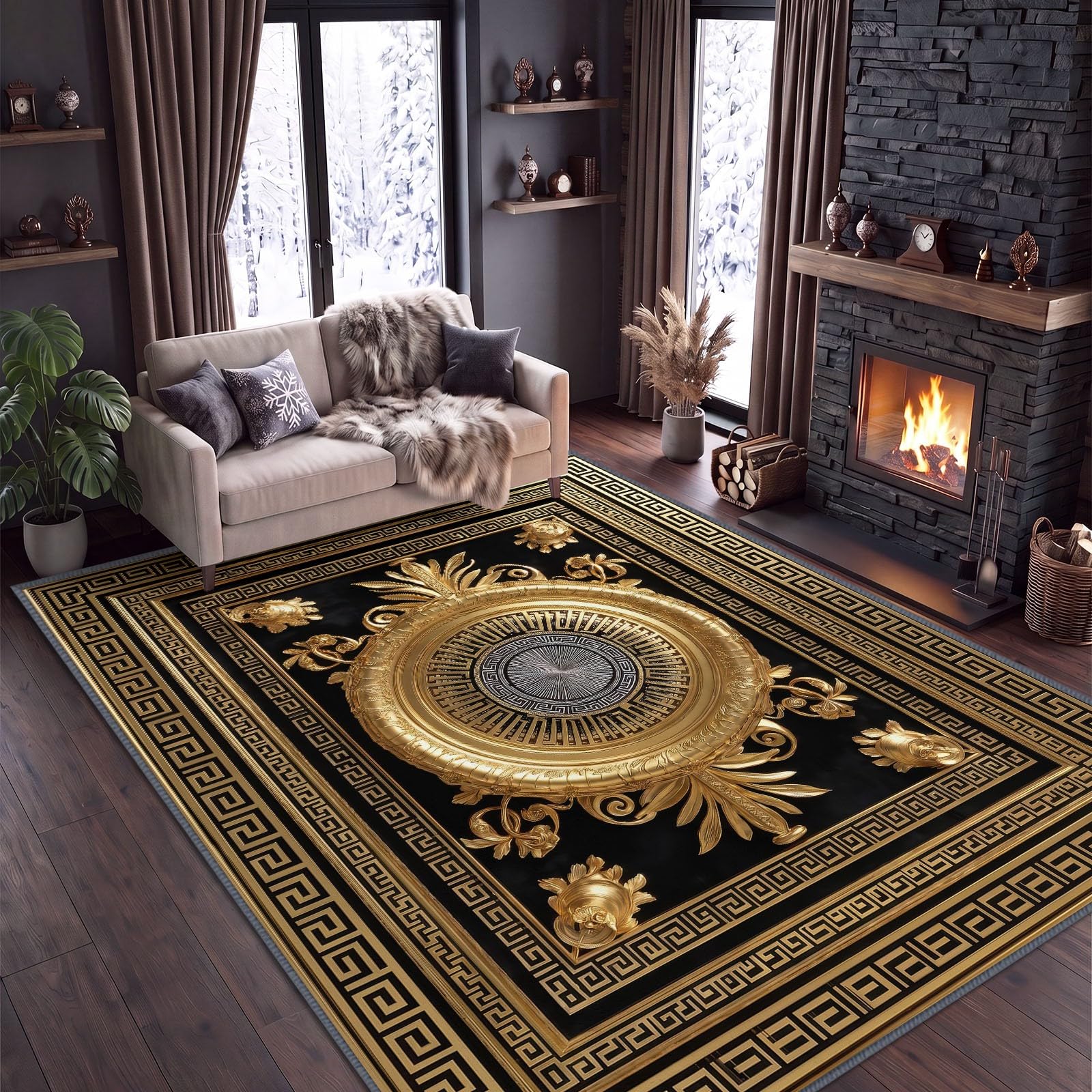 Alfombra lavable de 100 x 160 cm, diseño griego de hojas de palmera, de pelo corto, para habitación infantil, antideslizante, suave, fácil de limpiar, para salón, dormitorio, cocina