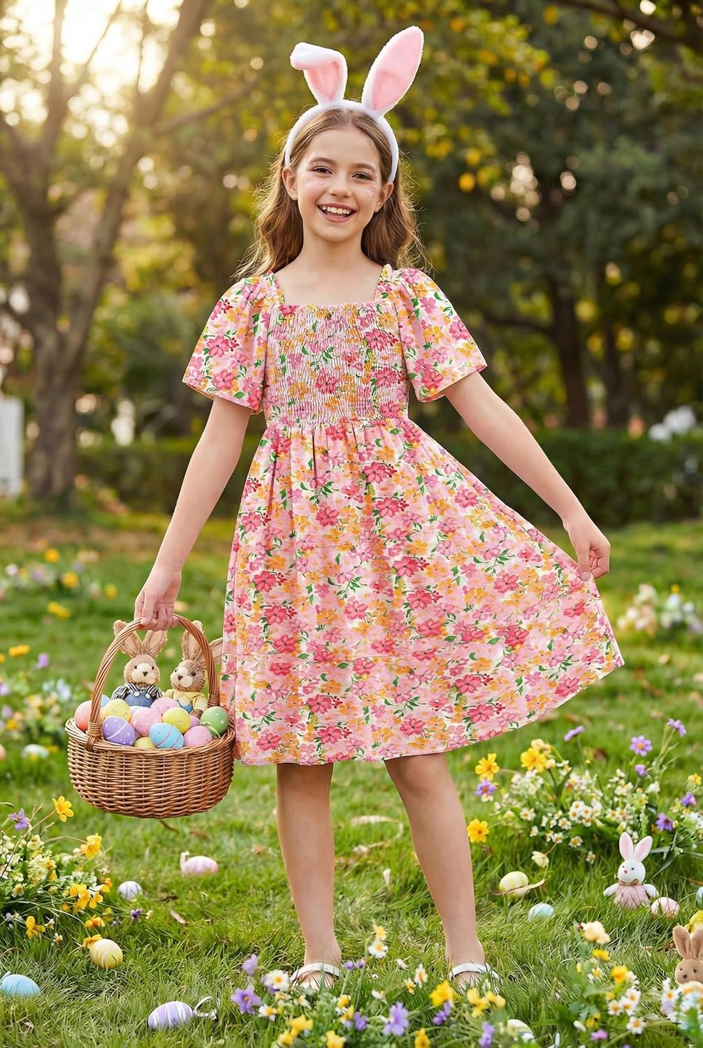 Arshiner Girls Summer Dress Tween Boho Casual Smocked Swing Flowy Ruffle Midi Dresses with Pockets