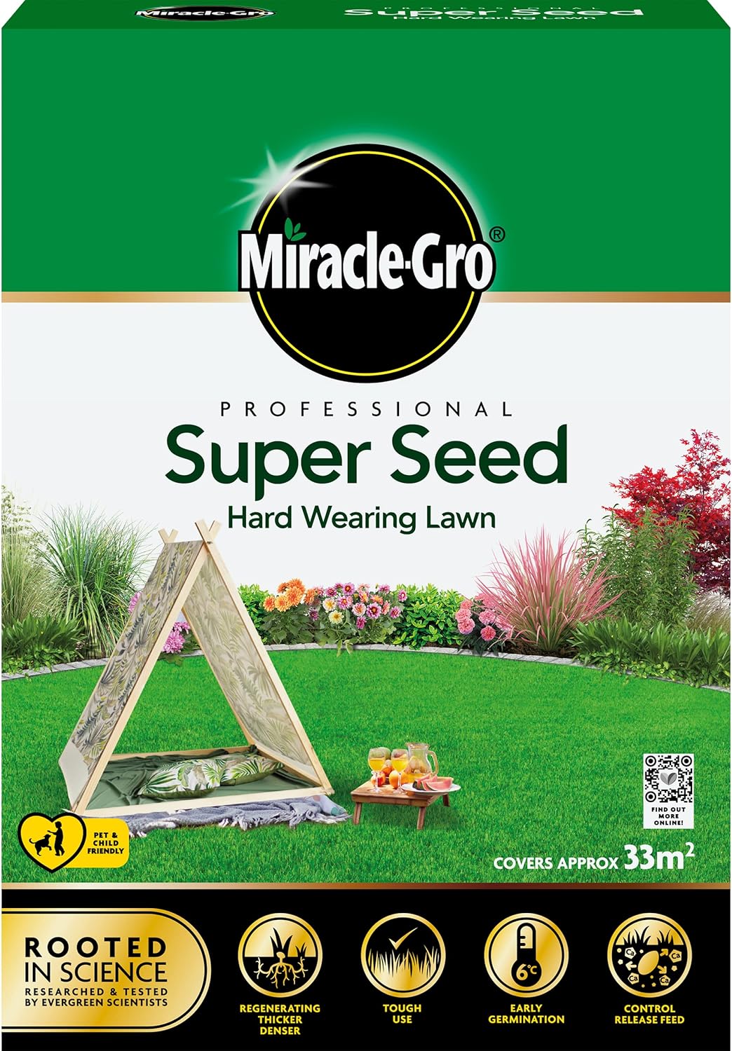 MiracleGro Professional Super Seed Hard Wearing Lawn Seed, 33m2, Green