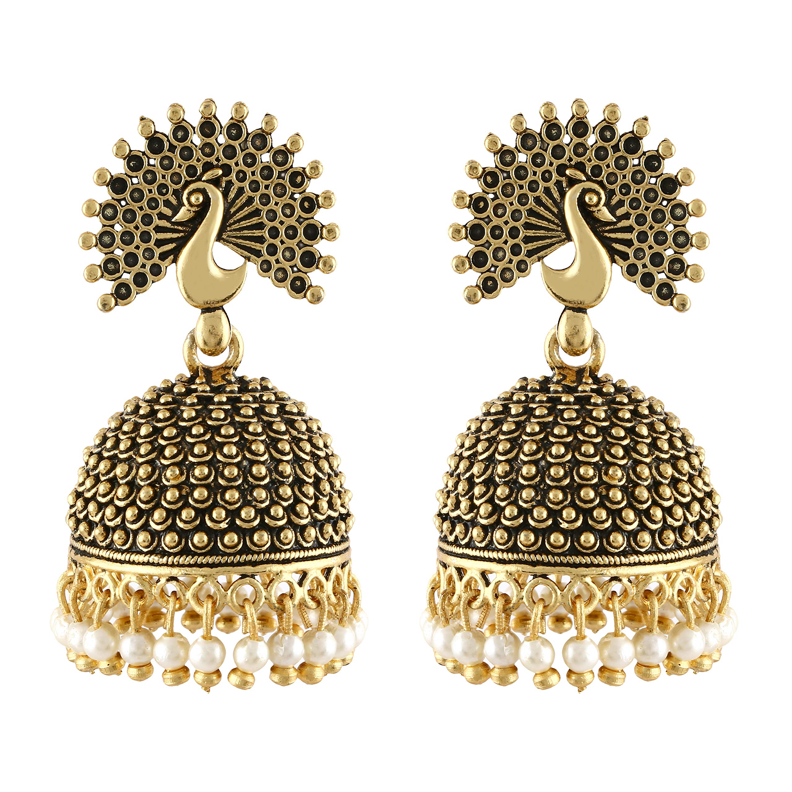 MEENAZTraditional Wedding Temple Jewellery 22kt Gold oxidised Meenakari Ethnic Antique South Indian Round Pearl Feather Peacock Jhumka Earrings set For Women - M572, big heavy large, Brass Copper