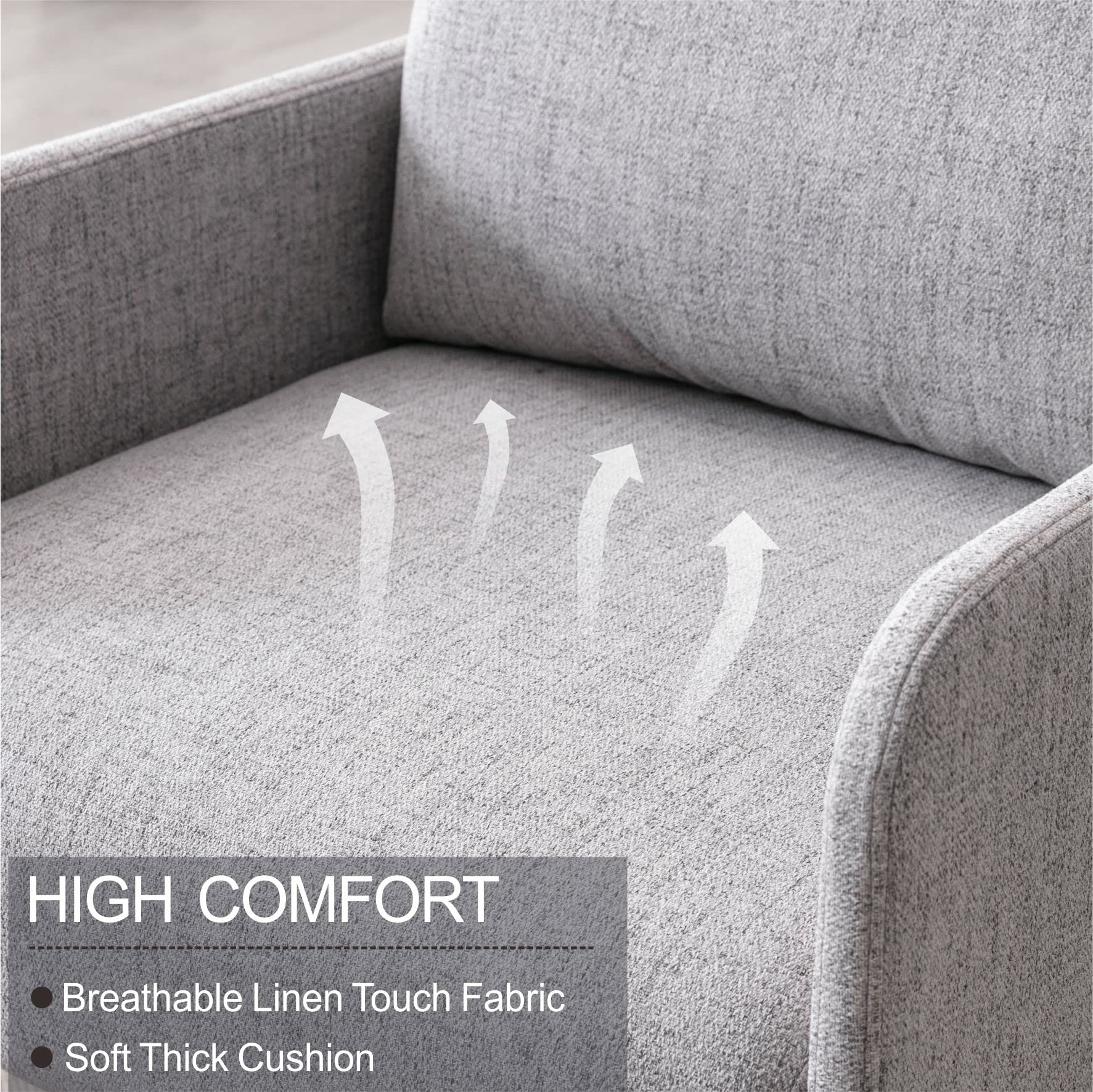 Wahson Moderne Accentstoel, linnen, gelegenheidsstoel, gestoffeerde fauteuil met zwarte metalen poten, cocktailstoel voor slaapkamer/woonkamer, grijs