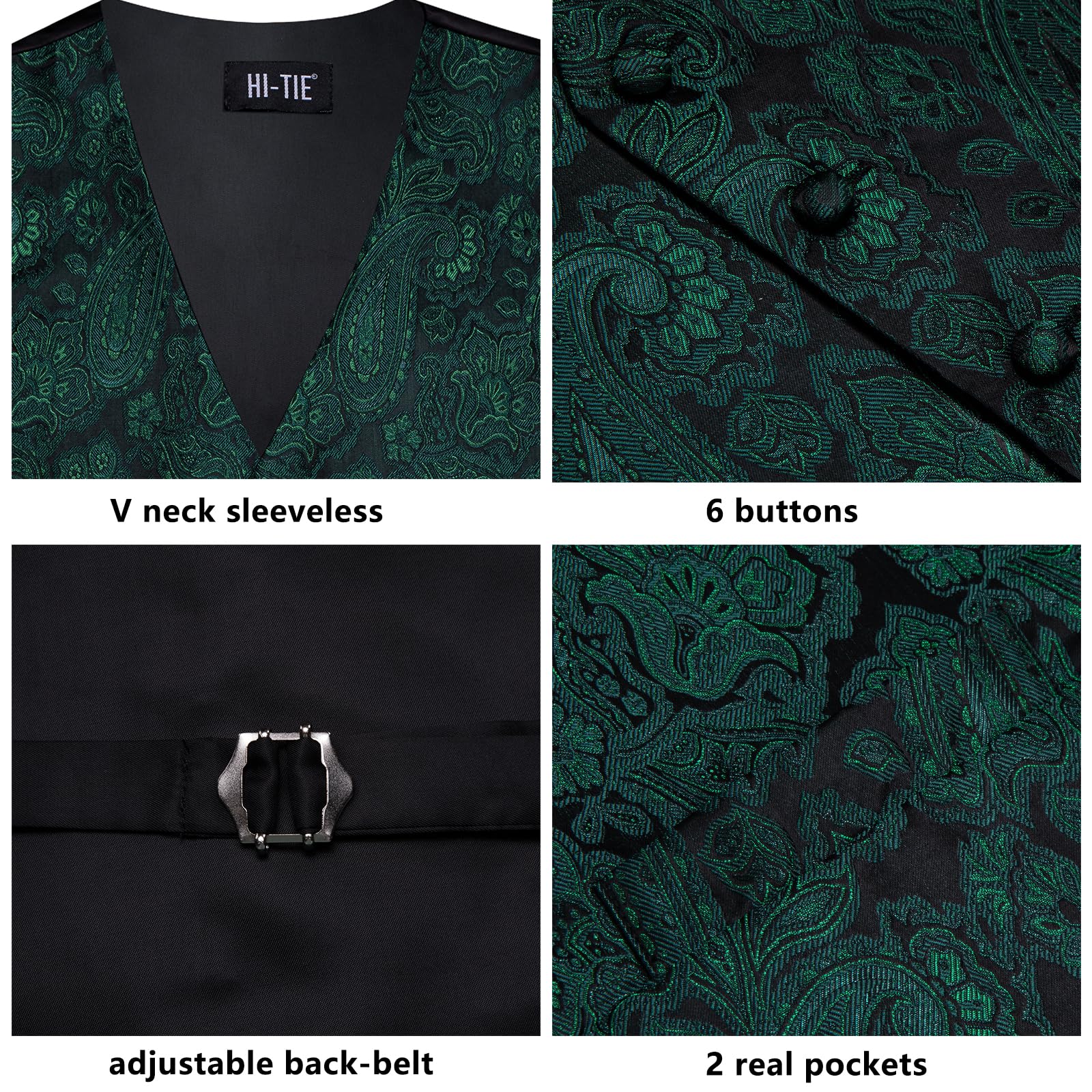 Hi-Tie Gilet da uomo con motivo cachemire formale, in seta, per matrimoni, cravatta, fazzoletto quadrato, set per feste aziendali