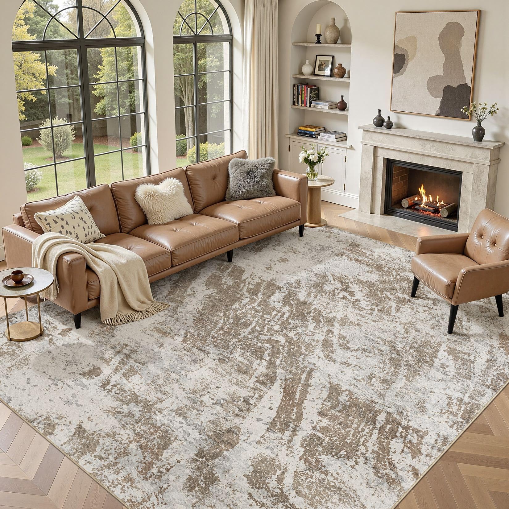 Photo 1 of DMOYEST 8x10 Washable Area Rug: Abstract Modern Non-Slip Carpet, Soft Low Pile Indoor Neutral Easy Clean Floor Rugs for Living Room Bedroom Dining Room Kids & Pets - Brown