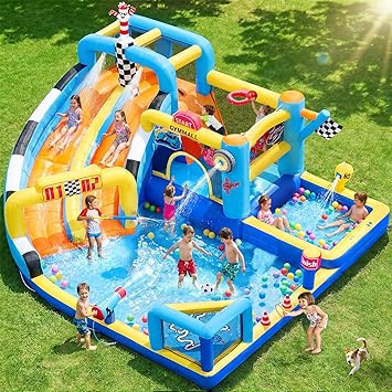 Inflatable Bounce House Double Water Slide with 750 W Blower, Blow up 12-in-1 Waterslide Park Bouncy Castle Outdoor, Racing-Themed Bouncer House with Soccer Area and Splash Pool - Blue